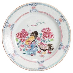 Antique 18th C Chinese Porcelain Dish Yongzheng period Roosters Flowers China