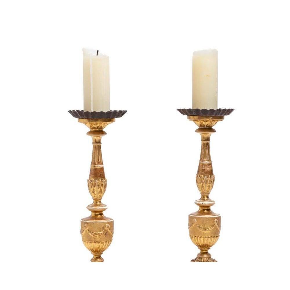 Antique 18th century continental neoclassical giltwood pricket candlesticks.