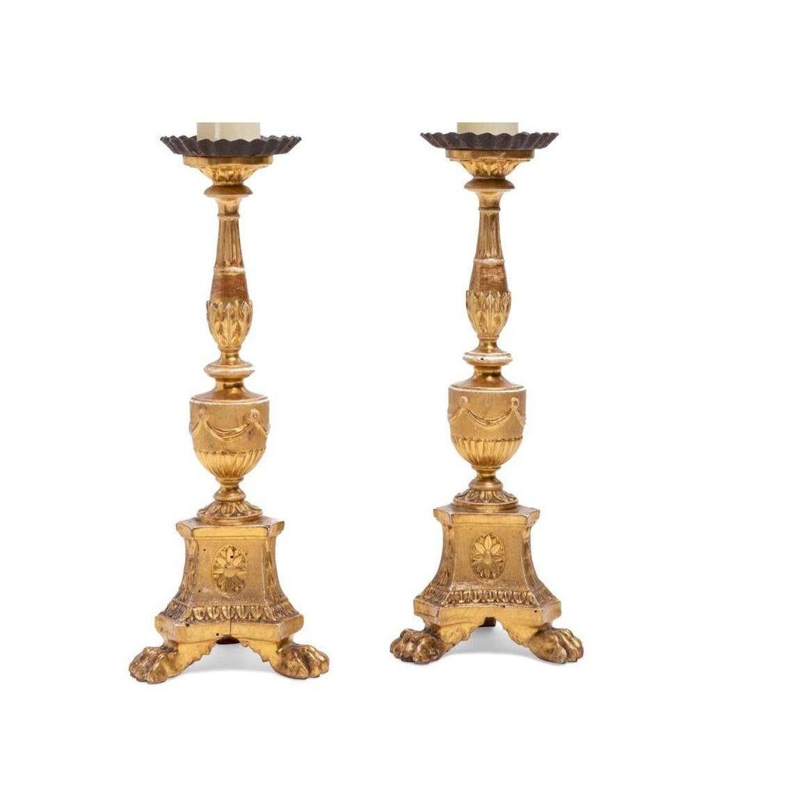 French Antique 18th Century Continental Neoclassical Giltwood Pricket Candlesticks