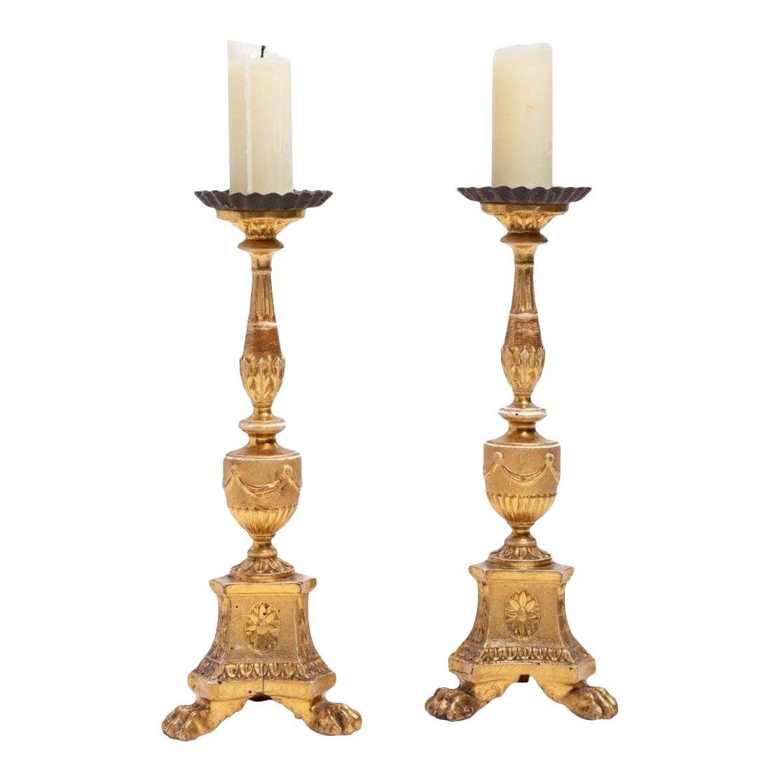 Antique 18th Century Continental Neoclassical Giltwood Pricket Candlesticks In Good Condition In LOS ANGELES, CA