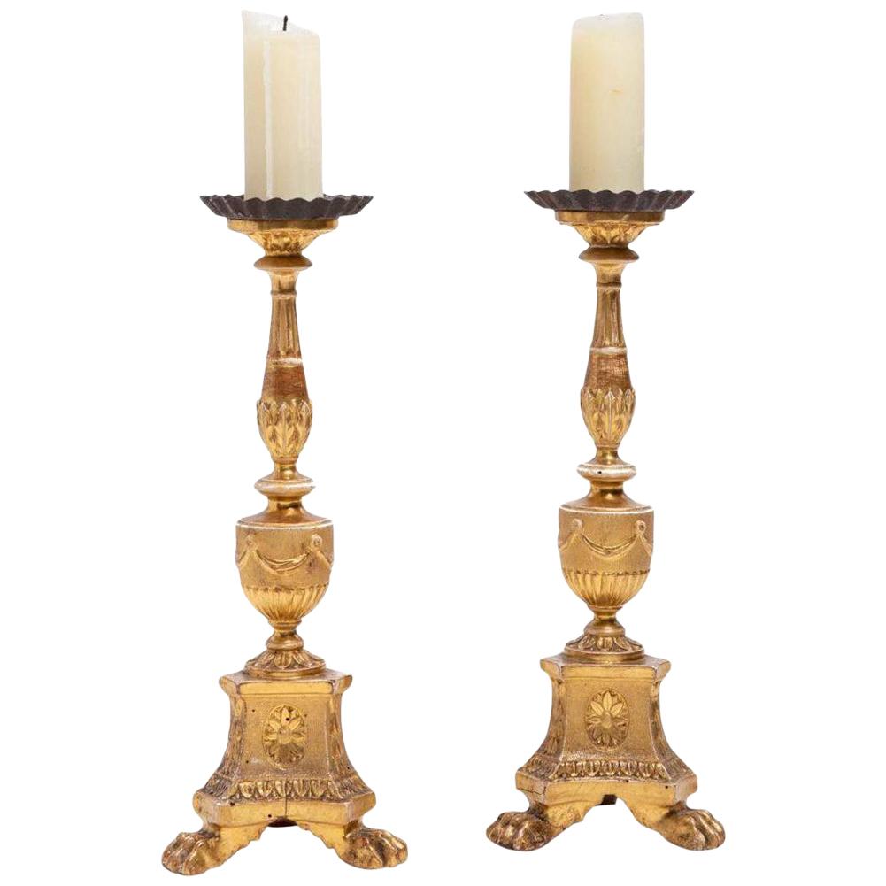 Antique 18th Century Continental Neoclassical Giltwood Pricket Candlesticks