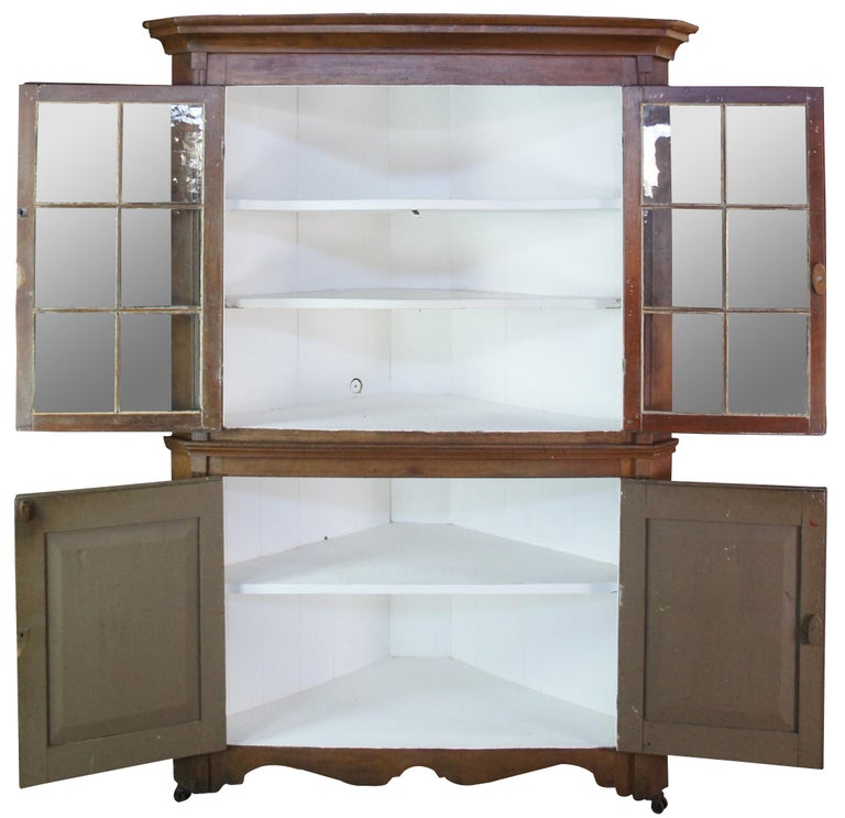 Antique 18th C. Early American Pennsylvania Pine Corner Cupboard China For Sale at
