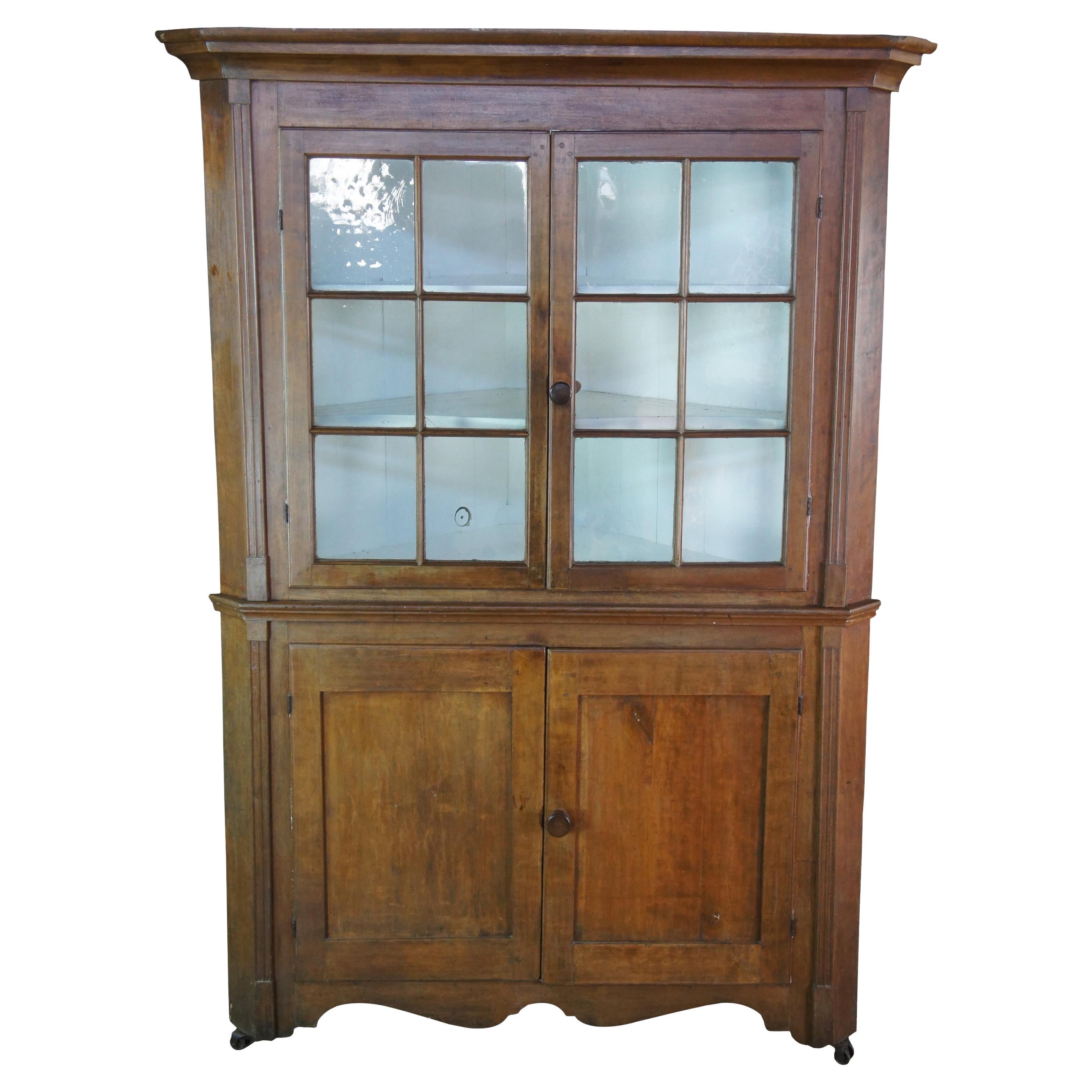 Antique 18th C. Early American Pennsylvania Pine Corner Cupboard China Cabinet