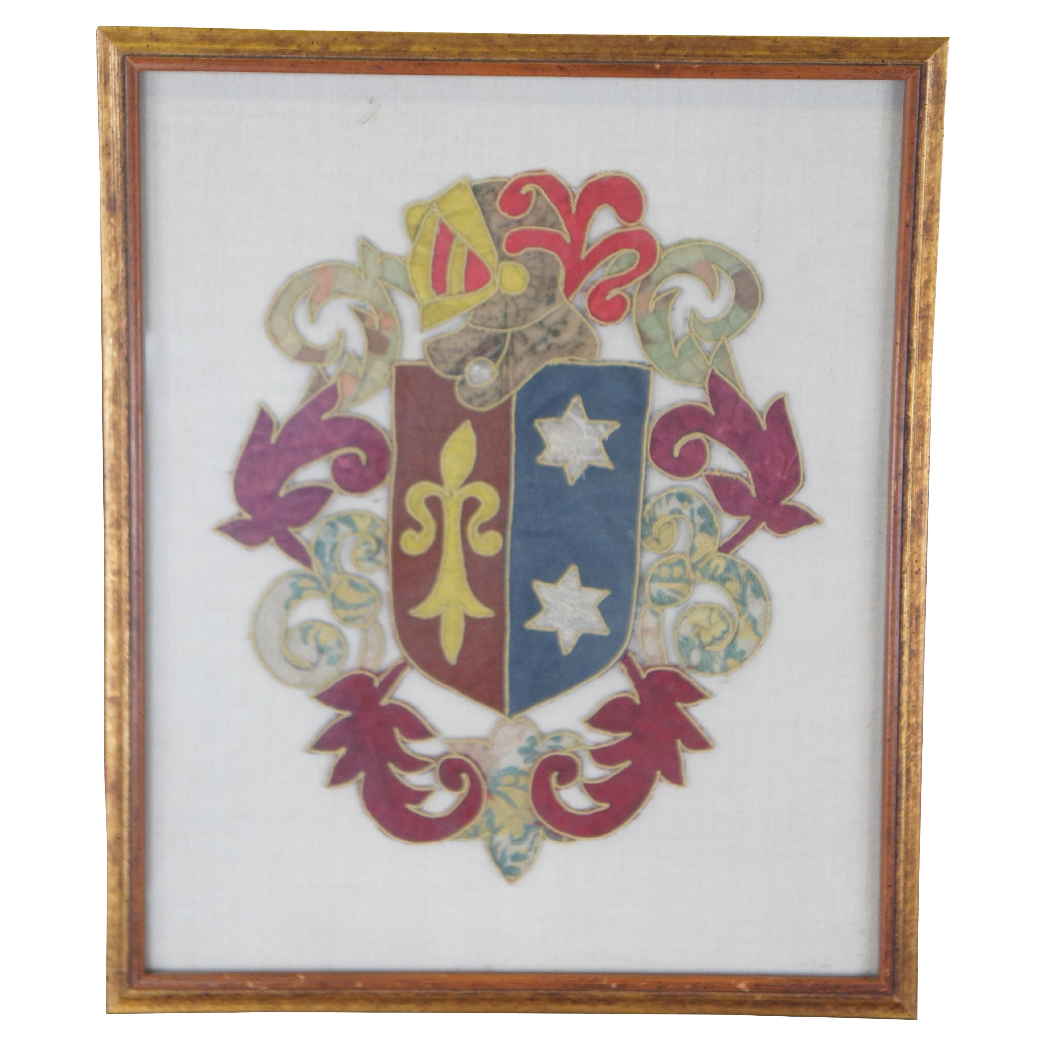 Antique 18th C. Embroidered Italian Heraldic Armorial Coat of Arms Tapestry 20"