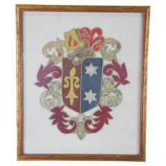 Antique 18th C. Embroidered Italian Heraldic Armorial Coat of Arms Tapestry 20"