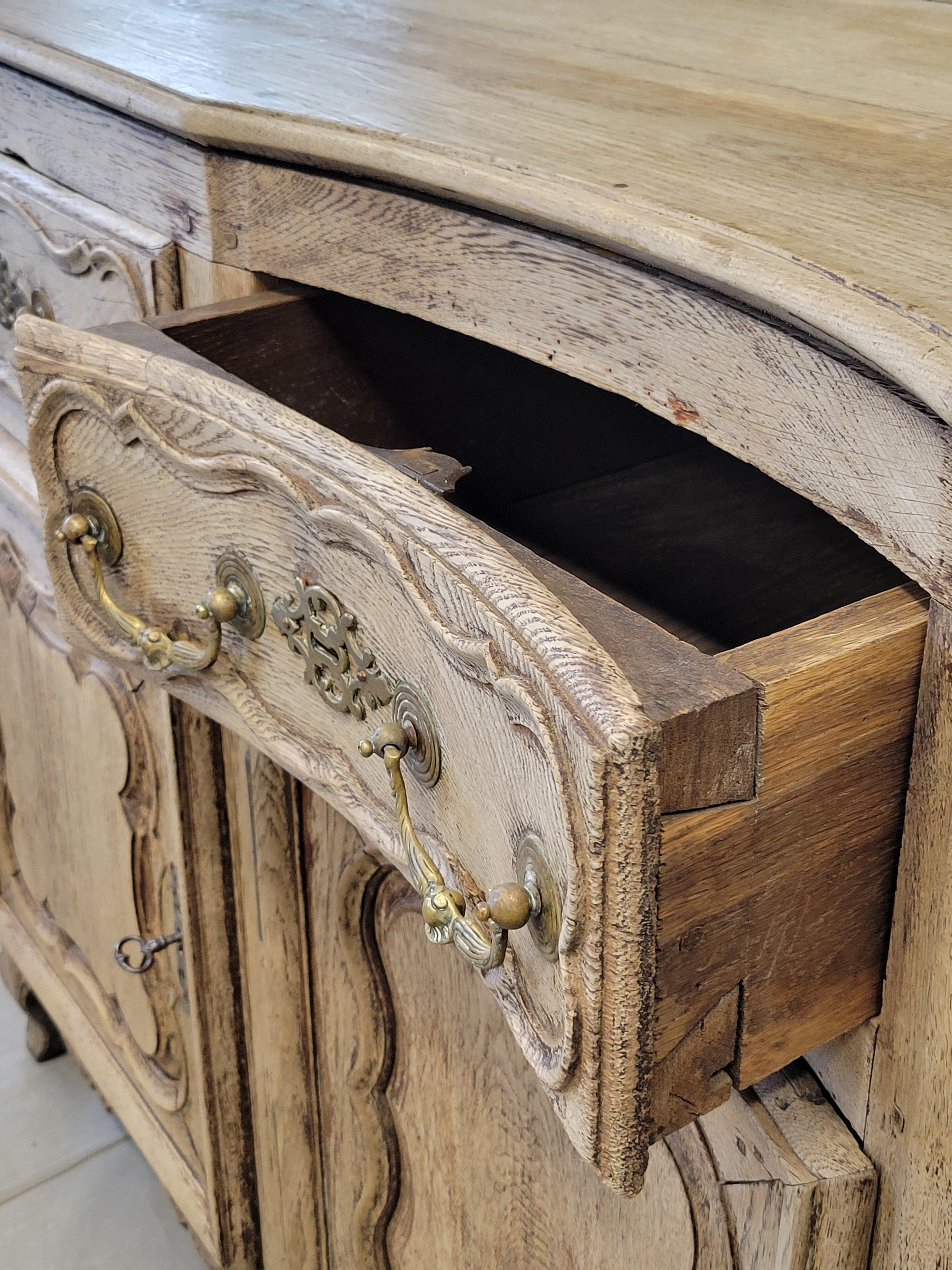 Hand-Crafted Antique 18th C. French Bleached Oak Serpentine Front Sideboard For Sale