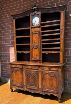 Antique 18th C French Country Walnut Vaisellier Clock Buffet Hutch