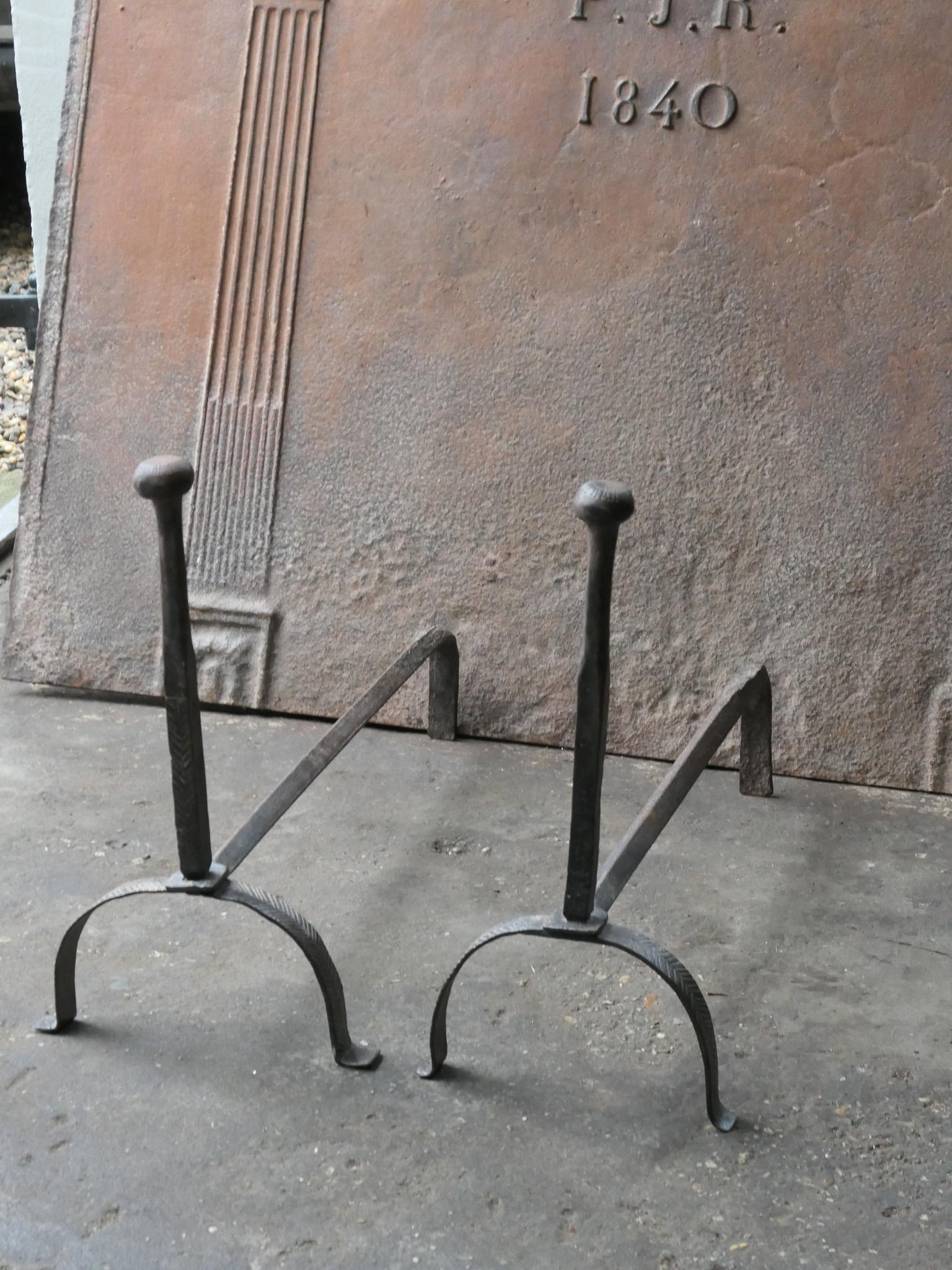 Forged Antique 18th Century French Louis XV Iron Andirons For Sale