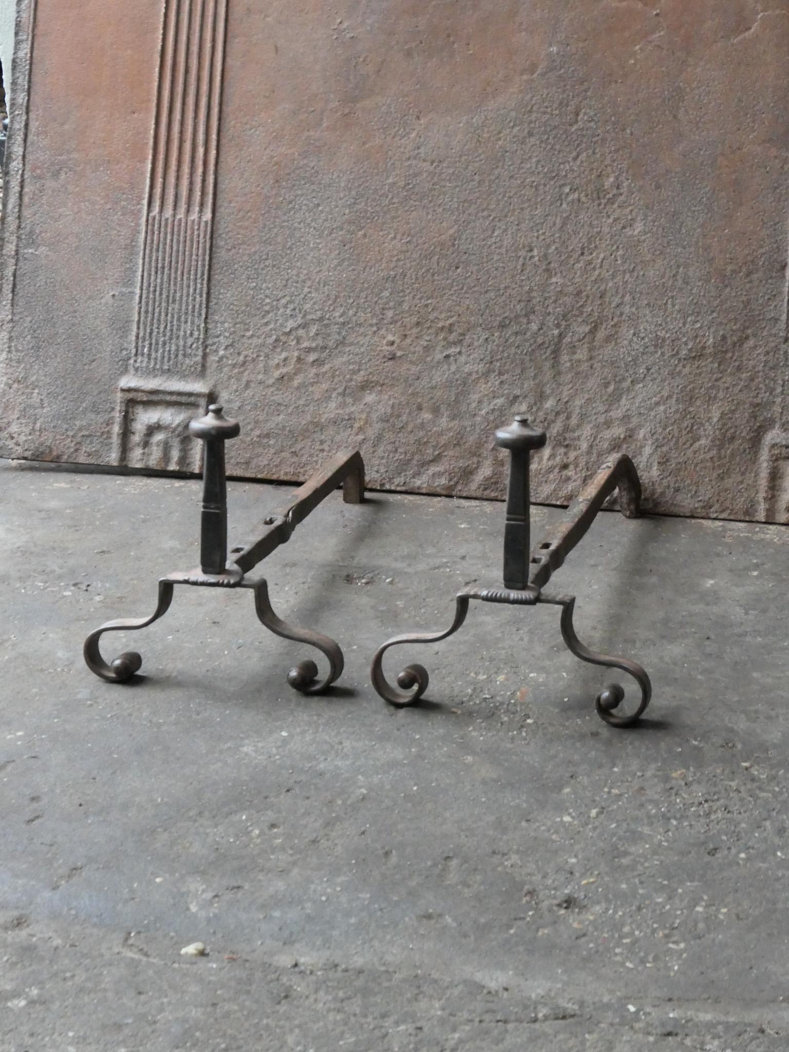 Forged Antique 18th Century French Louis XV Iron Andirons For Sale
