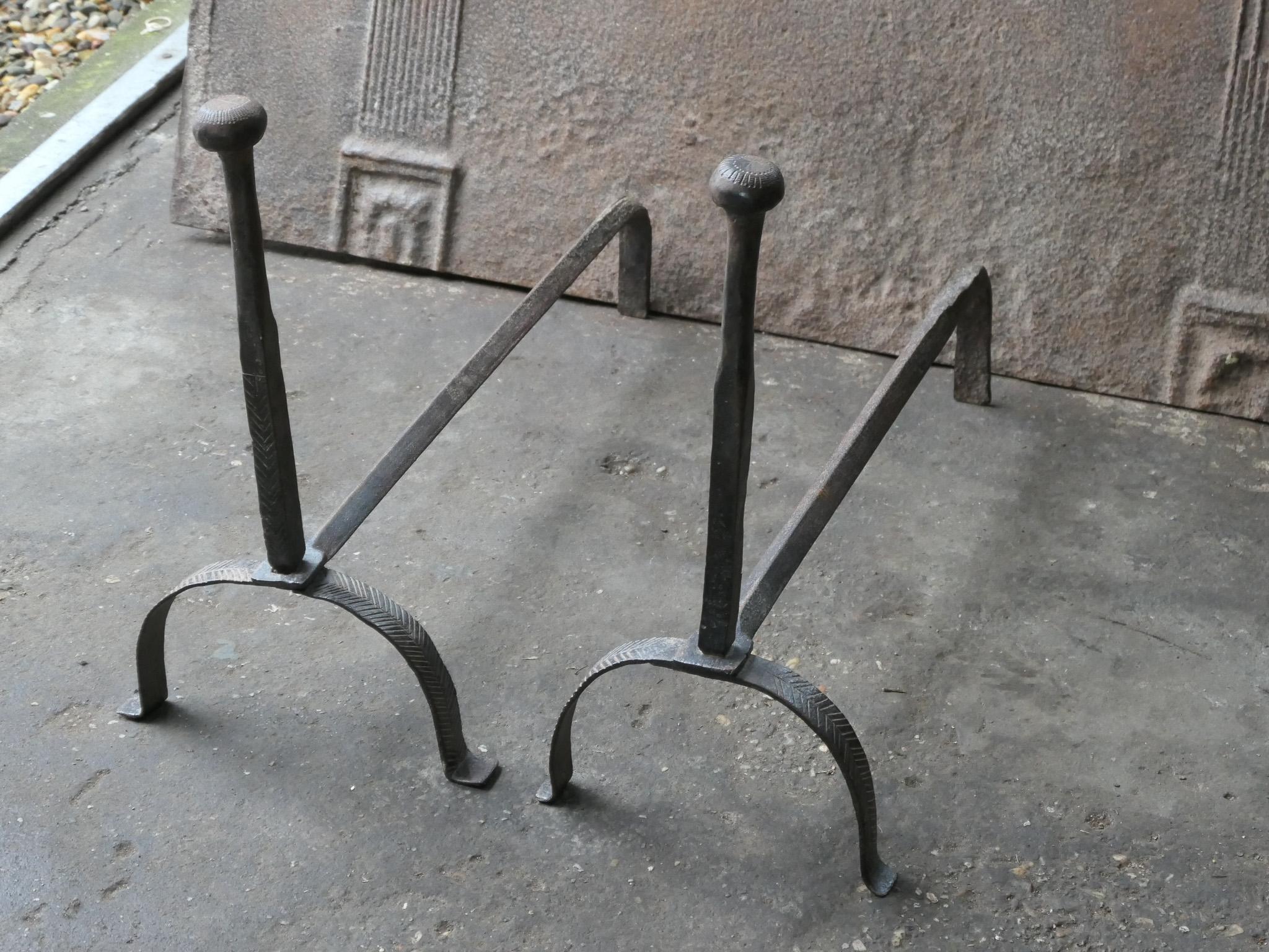 18th Century and Earlier Antique 18th Century French Louis XV Iron Andirons For Sale