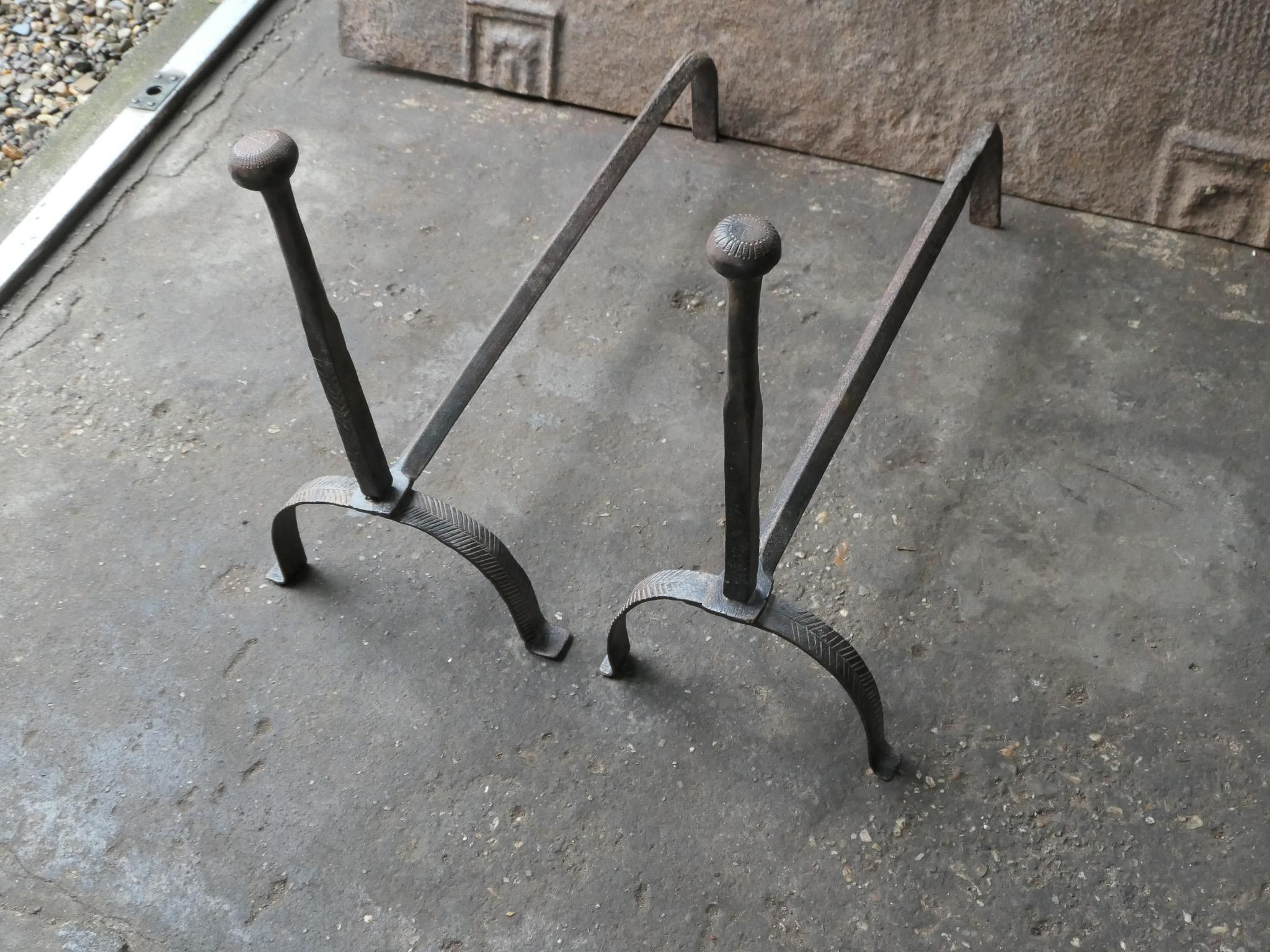 Wrought Iron Antique 18th Century French Louis XV Iron Andirons For Sale