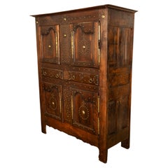 Antique 18th C French Provincial Chestnut Brass Studwork Cabinet Cupboard 1720