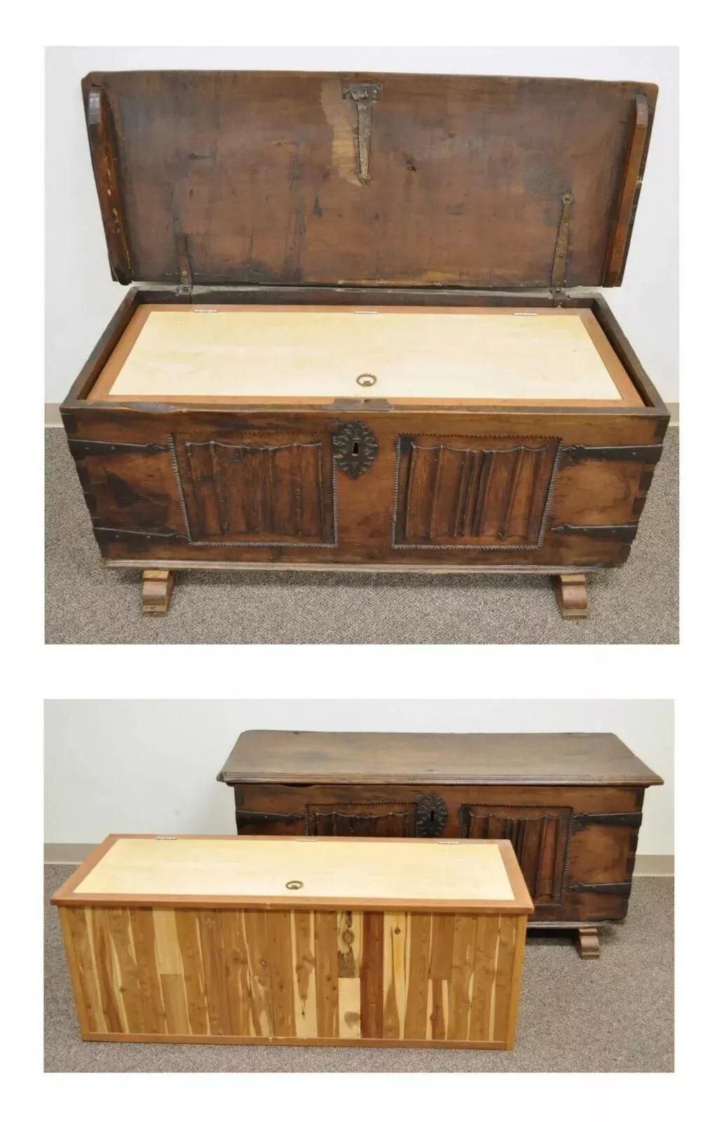 Wrought Iron Antique 18th C. Gothic Renaissance Chestnut Large Coffer Blanket Chest Trunk For Sale