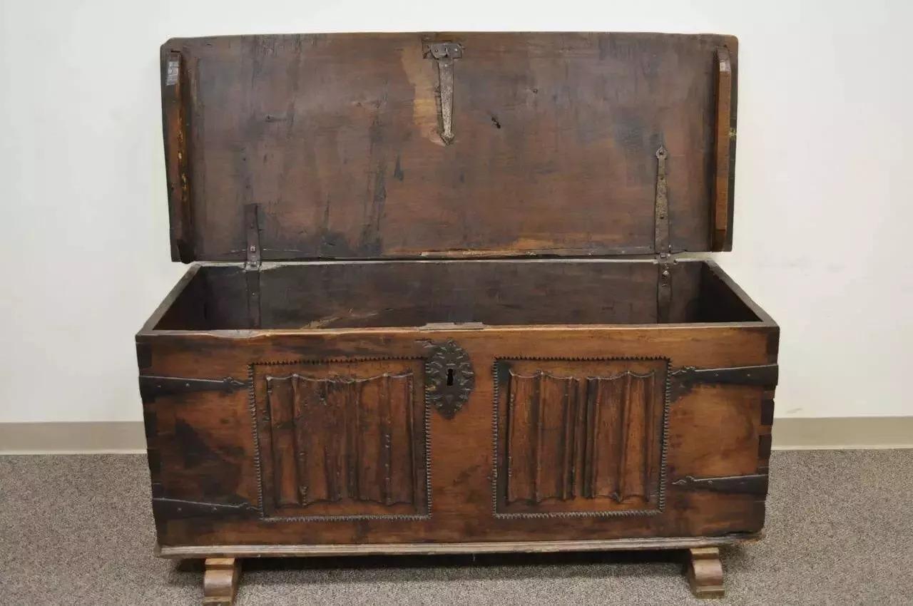 Antique 18th C. Gothic Renaissance Chestnut Large Coffer Blanket Chest Trunk For Sale 1