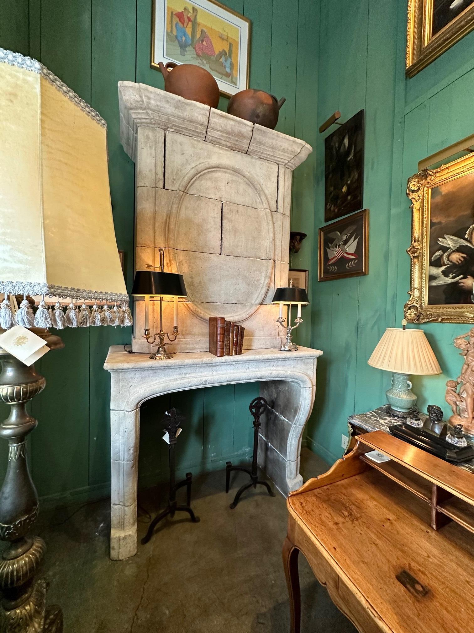 Louis XIV Antique 18th C. Hand Carved Stone Fireplace Mantle Chimney Mantelpiece Surround For Sale