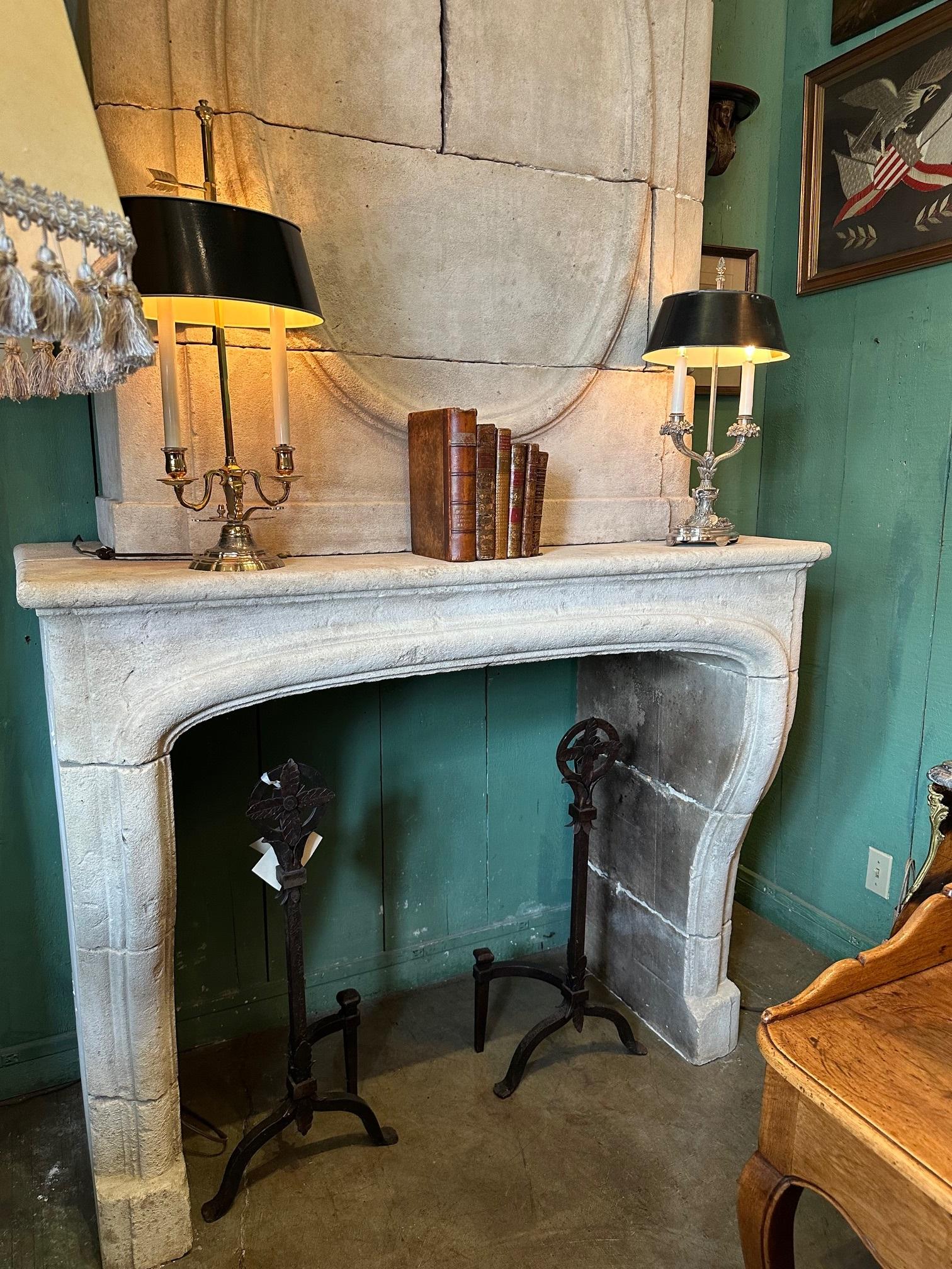 French Antique 18th C. Hand Carved Stone Fireplace Mantle Chimney Mantelpiece Surround For Sale