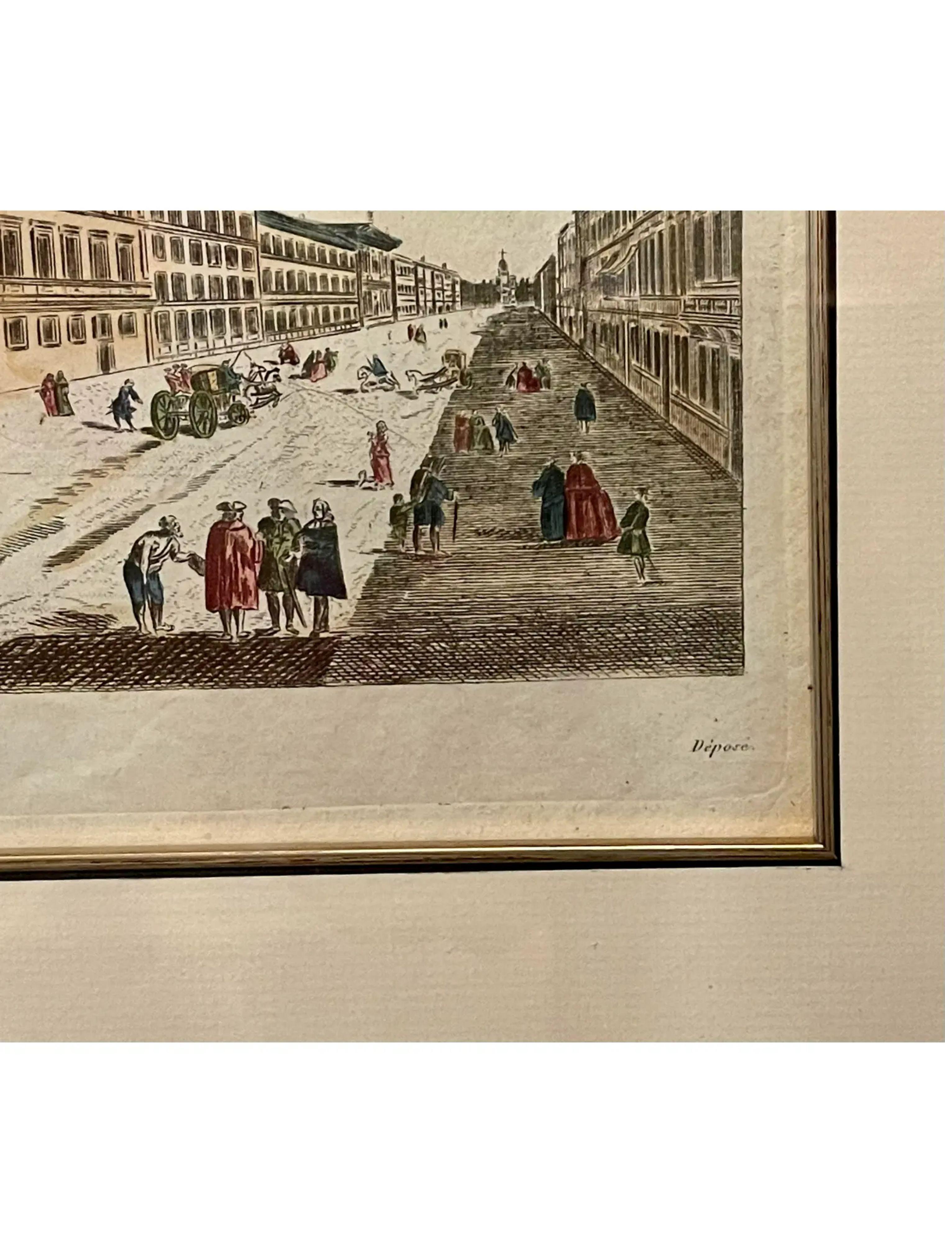Antique 18th C Hand Colored Engraving Print, Eglise De St. Charles , a Rome In Good Condition For Sale In LOS ANGELES, CA