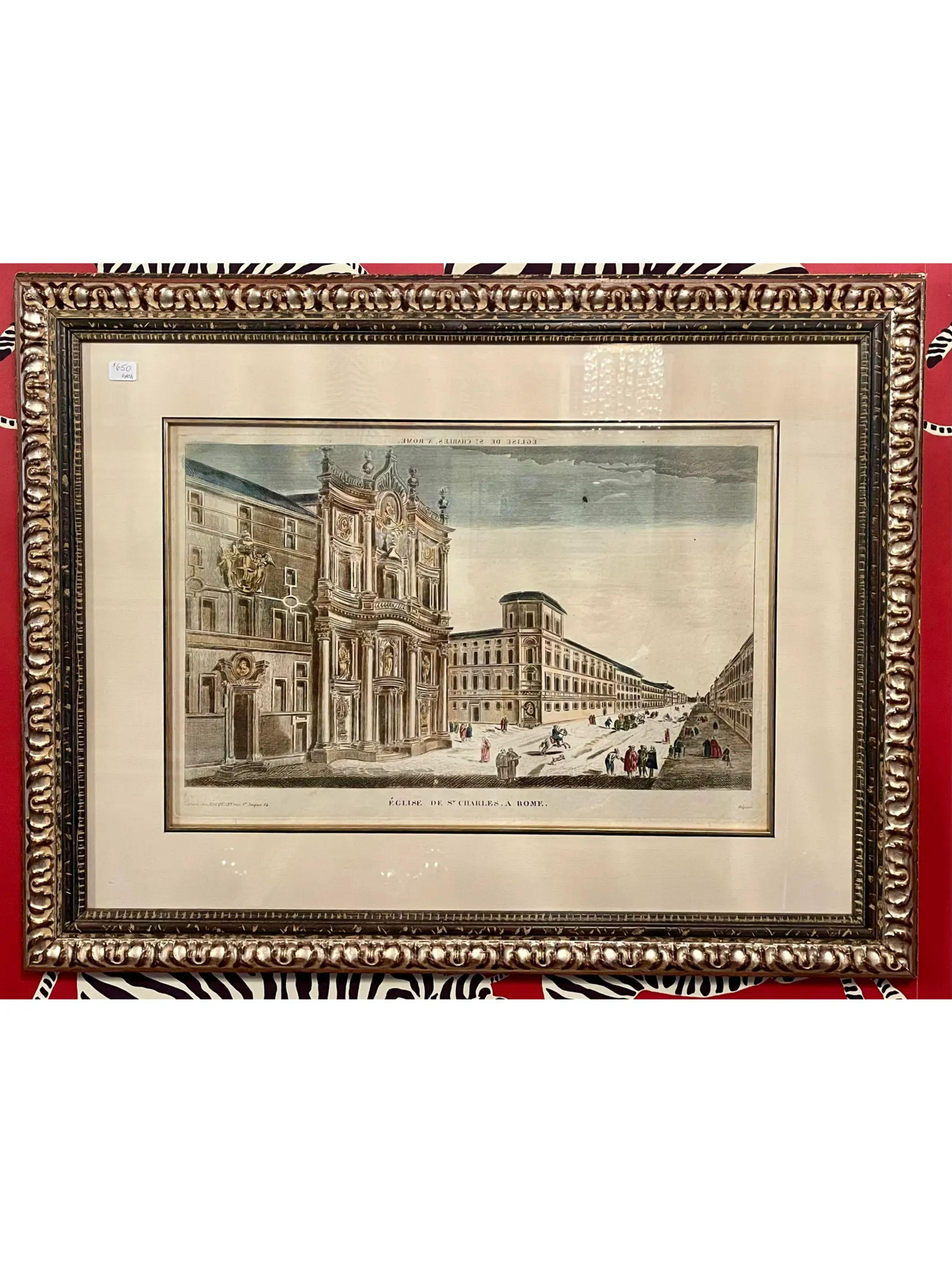 Antique 18th C Hand Colored Engraving Print, Eglise De St. Charles , a Rome For Sale 1