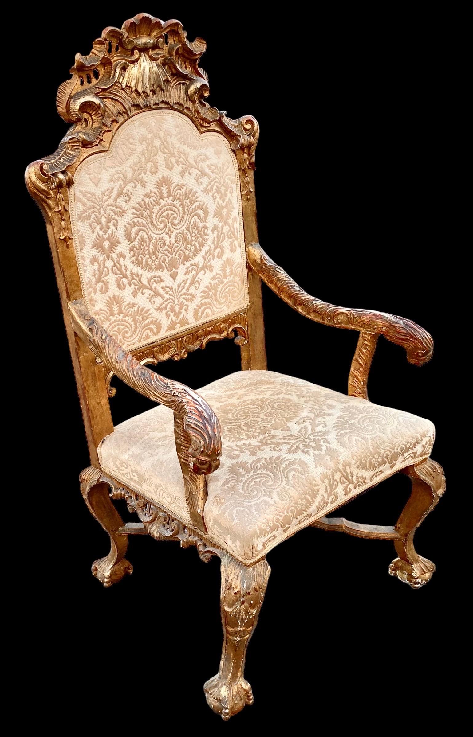 Hand-Carved Antique 18th century Italian Rococo Giltwood Armchair For Sale