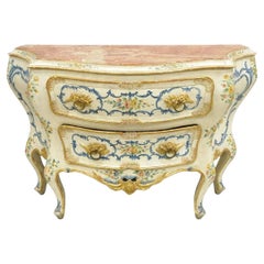 Antique 18th C Italian Venetian Rococo Hand Painted Marble Top Commode Chest