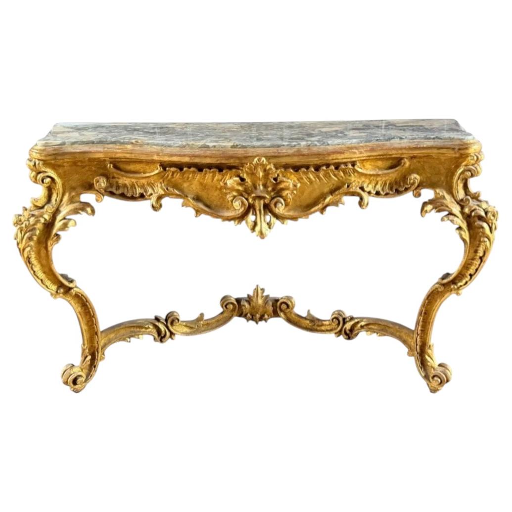 Consola Rococo Antigua Mesa Consola Luis XV Rococó de madera dorada con tapa de mármol ...