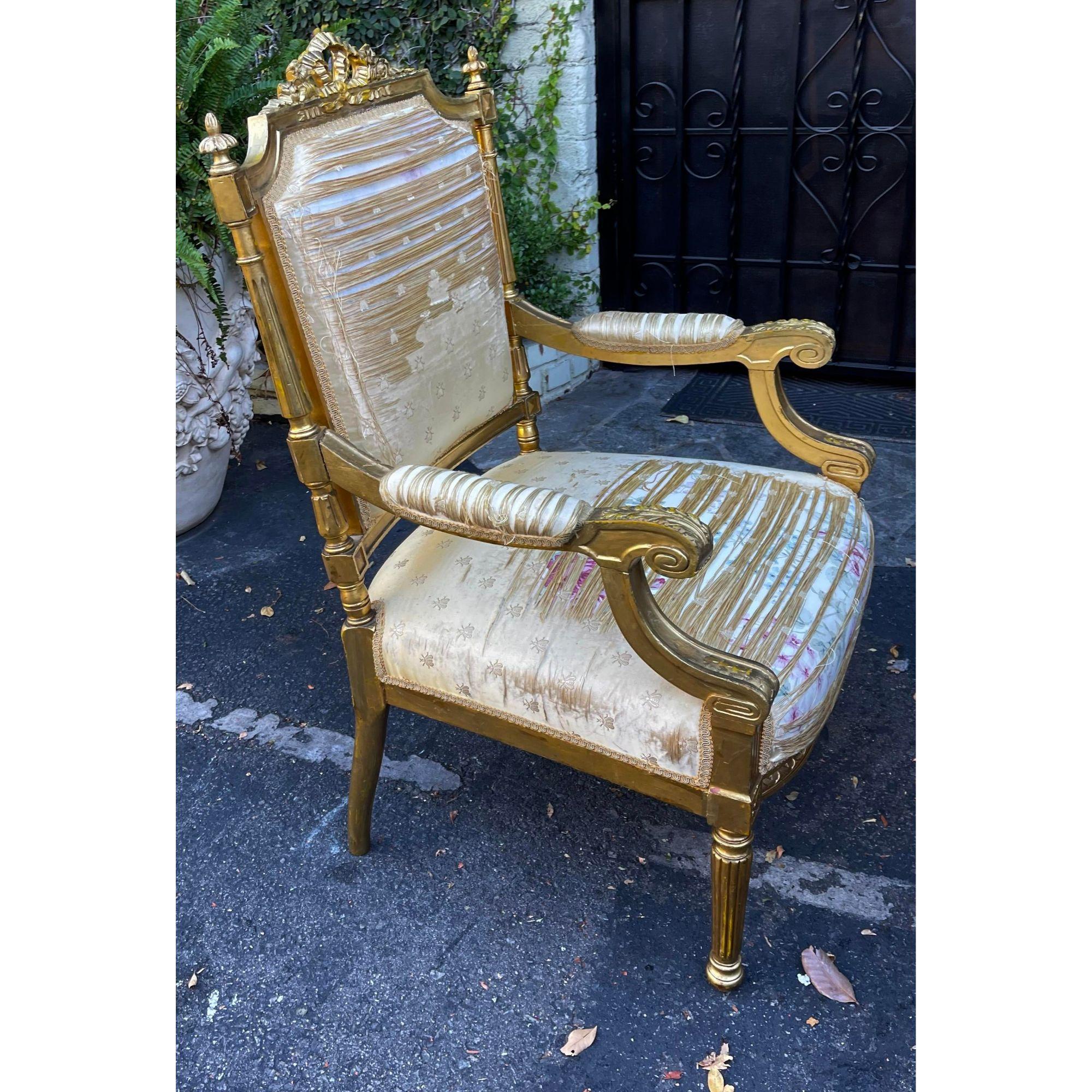 Antique 18th Century Louis XVI Giltwood Fauteuil Armchair In Good Condition For Sale In LOS ANGELES, CA