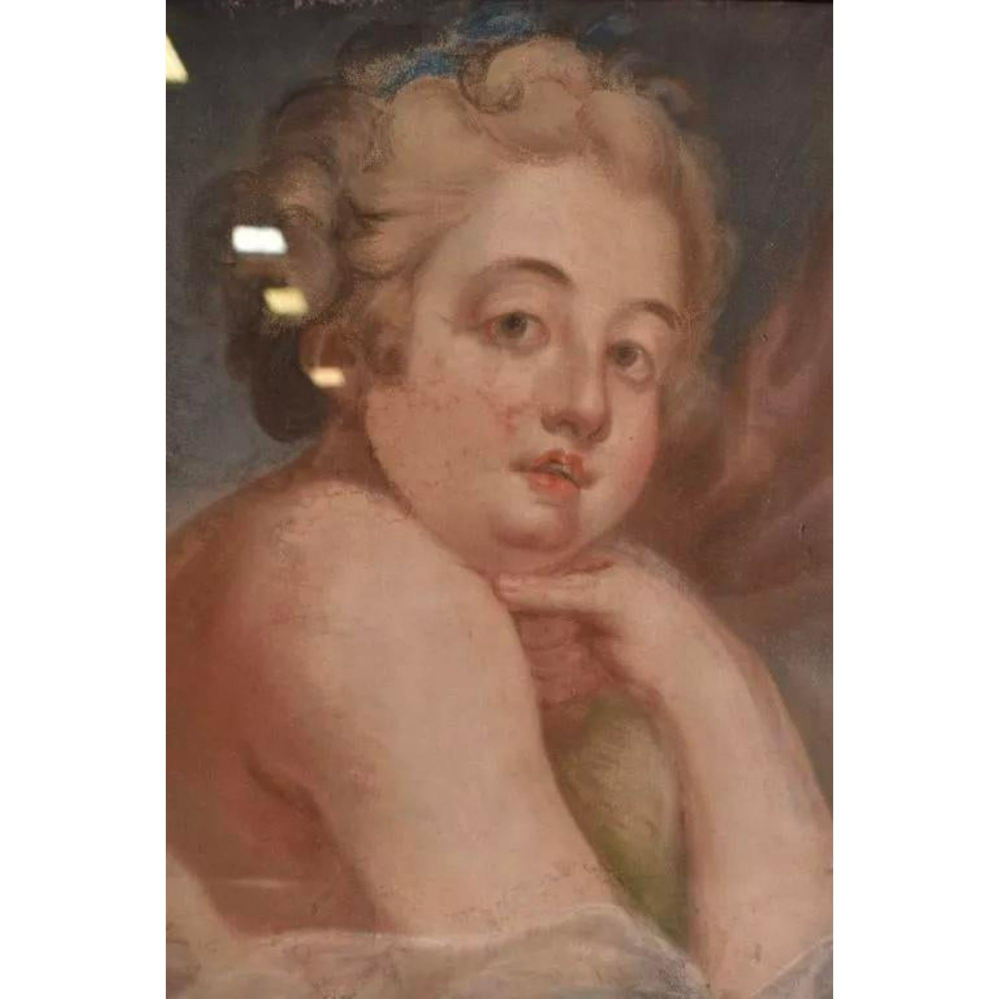 Baroque Antique 18th C Pastel Portrait Painting in Giltwood Frame