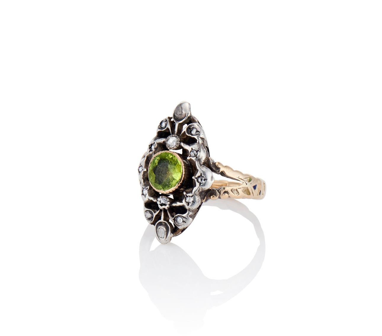 Rose Cut Antique 18th C Peridot and Diamond Ring For Sale