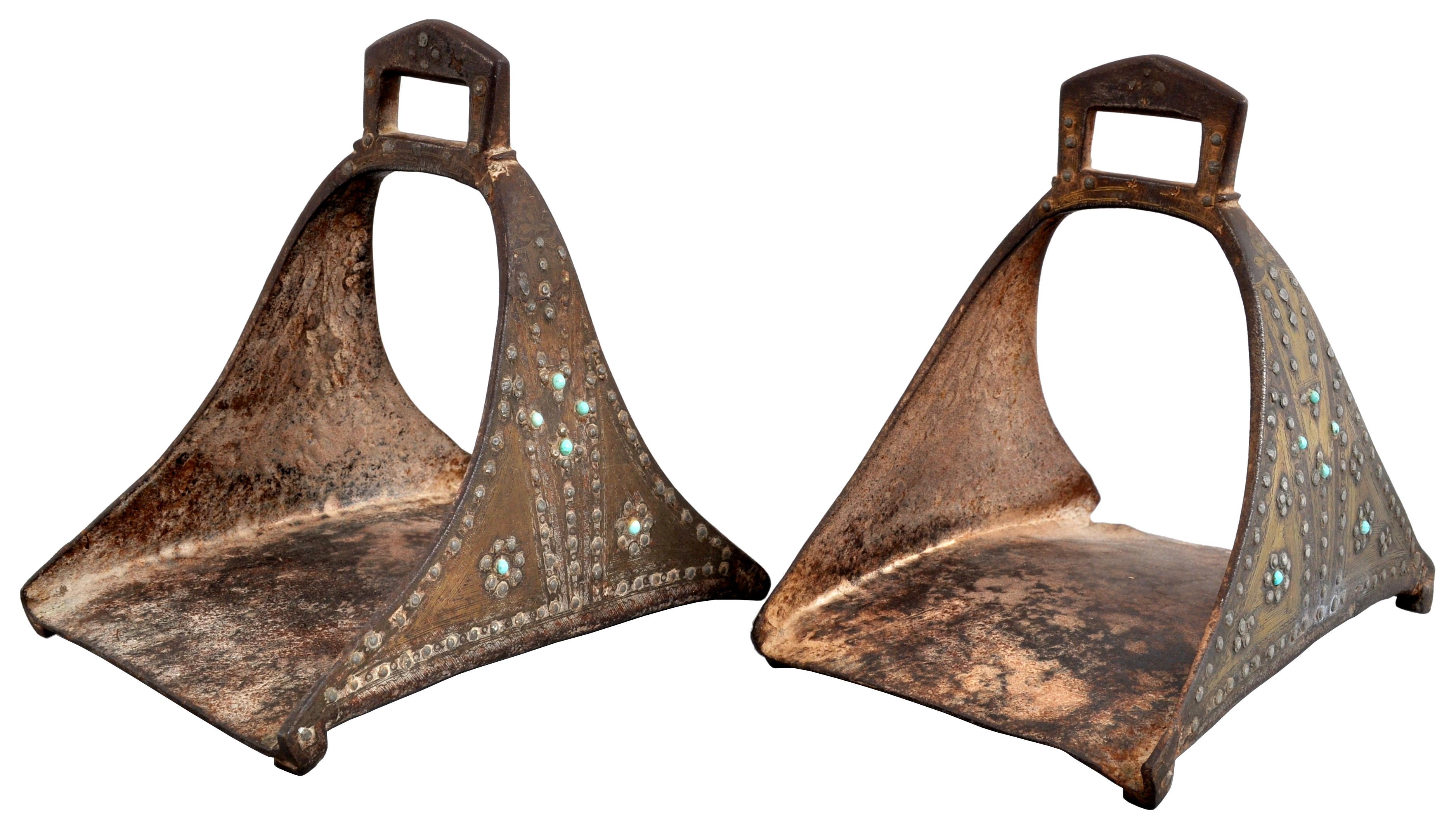 Turkish 18th Century Safavid Period Ottoman Persian Islamic Gold Iron Stirrups, 1700