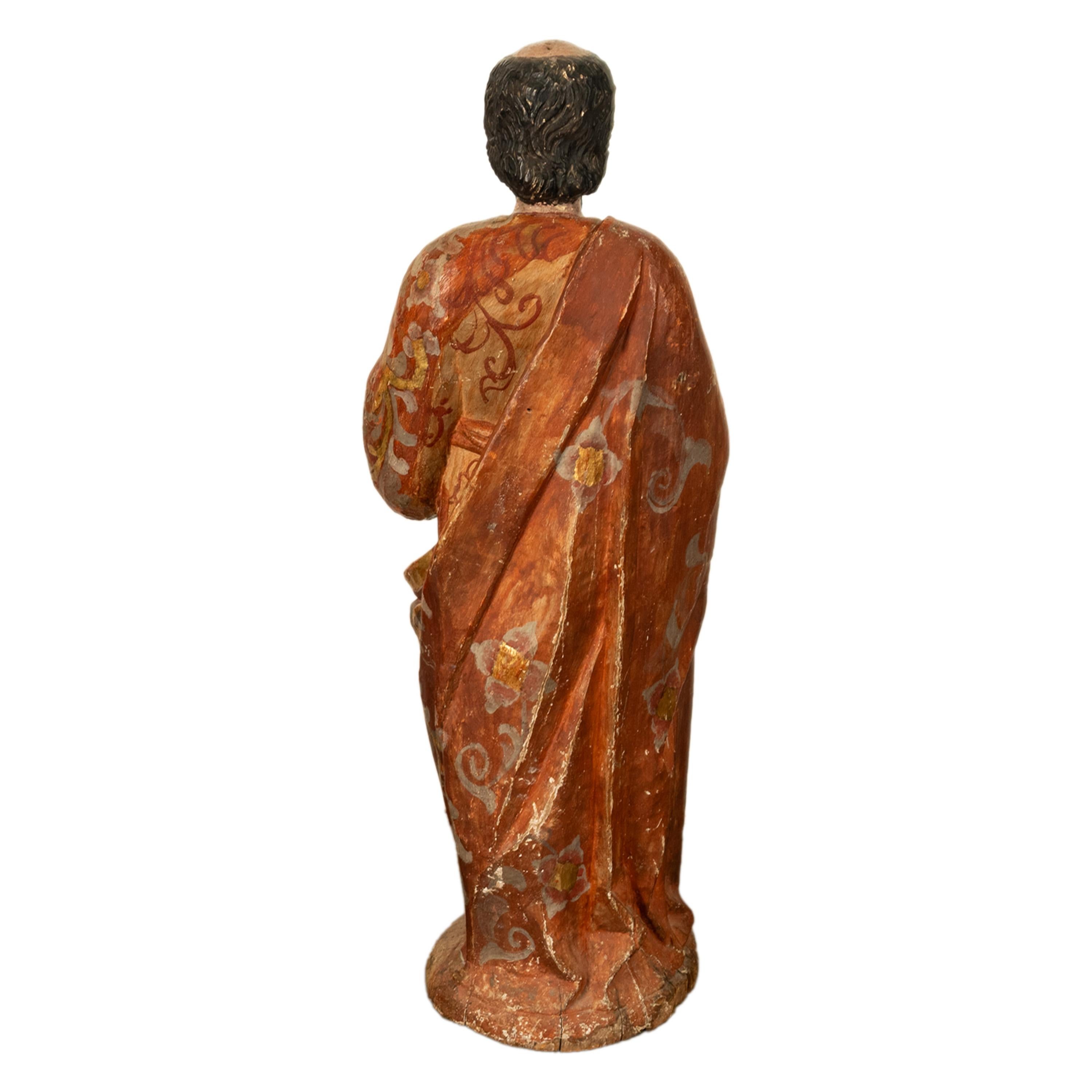 Antique 18th C Spanish Colonial Lifesize Saint Paul Carved Estofado Statue Santo For Sale 4