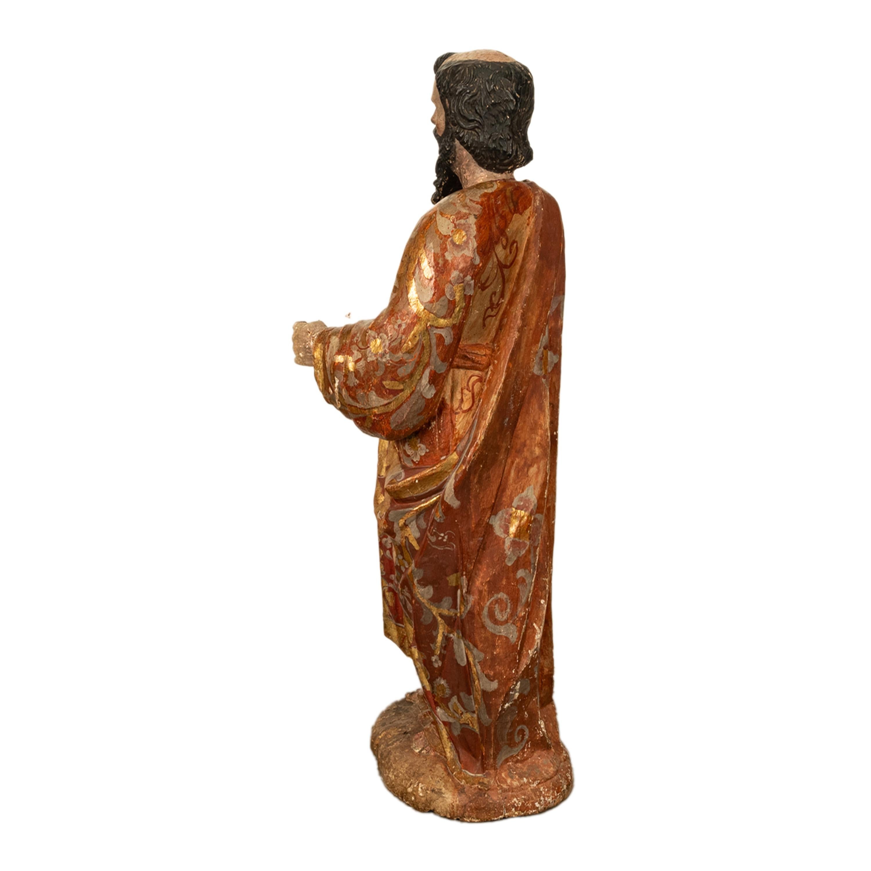 Antique 18th C Spanish Colonial Lifesize Saint Paul Carved Estofado Statue Santo For Sale 5