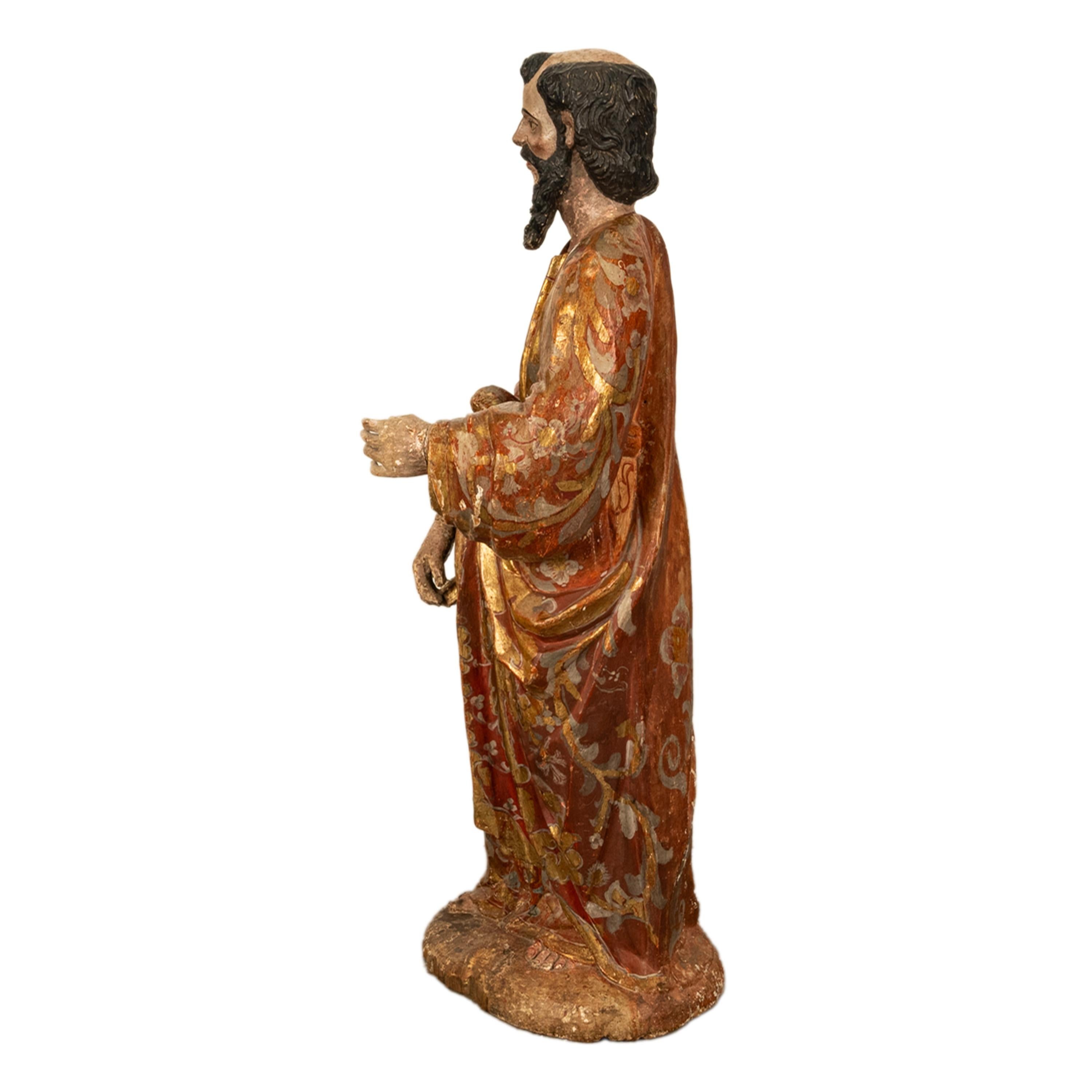 Antique 18th C Spanish Colonial Lifesize Saint Paul Carved Estofado Statue Santo For Sale 6