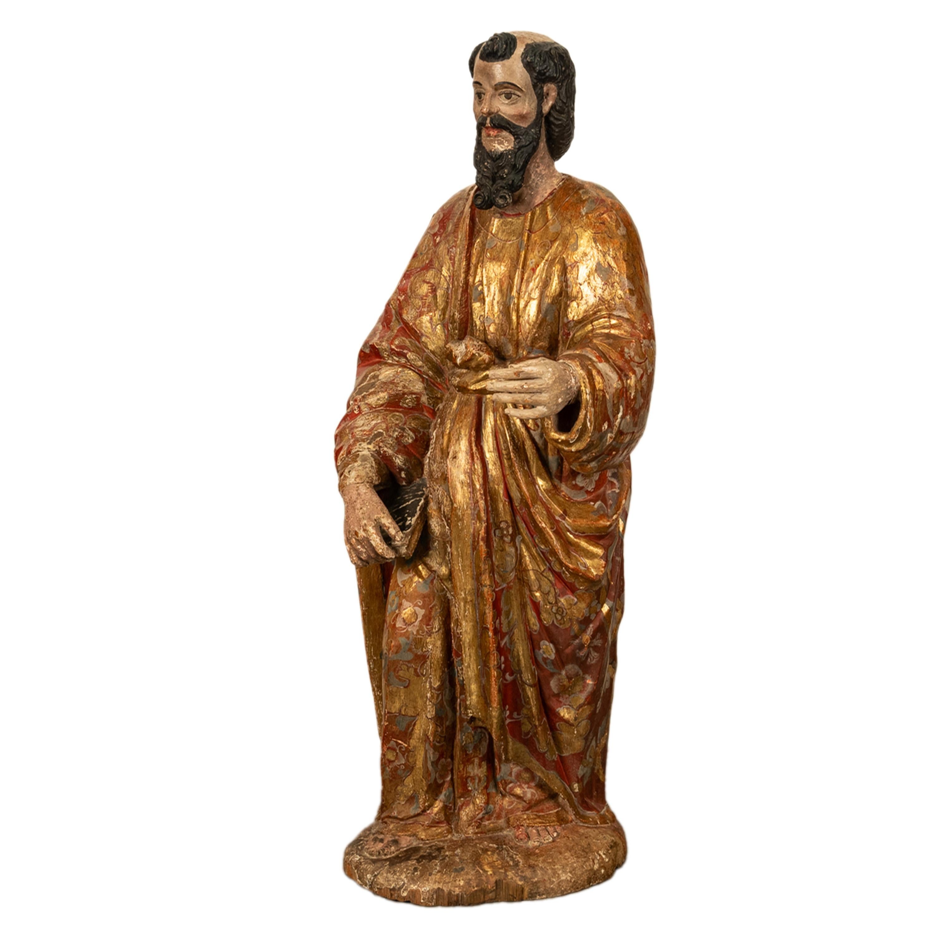Antique 18th C Spanish Colonial Lifesize Saint Paul Carved Estofado Statue Santo For Sale 7