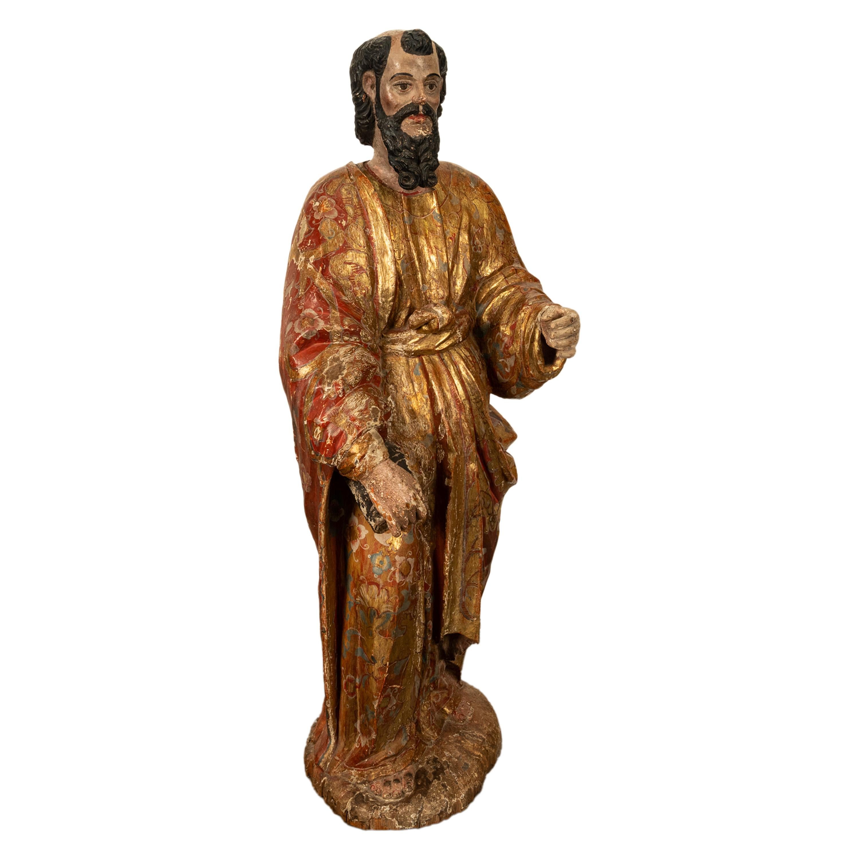 Antique 18th C Spanish Colonial Lifesize Saint Paul Carved Estofado Statue Santo For Sale 8
