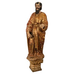 Antique 18th C Spanish Colonial Lifesize Saint Paul Carved Estofado Statue Santo
