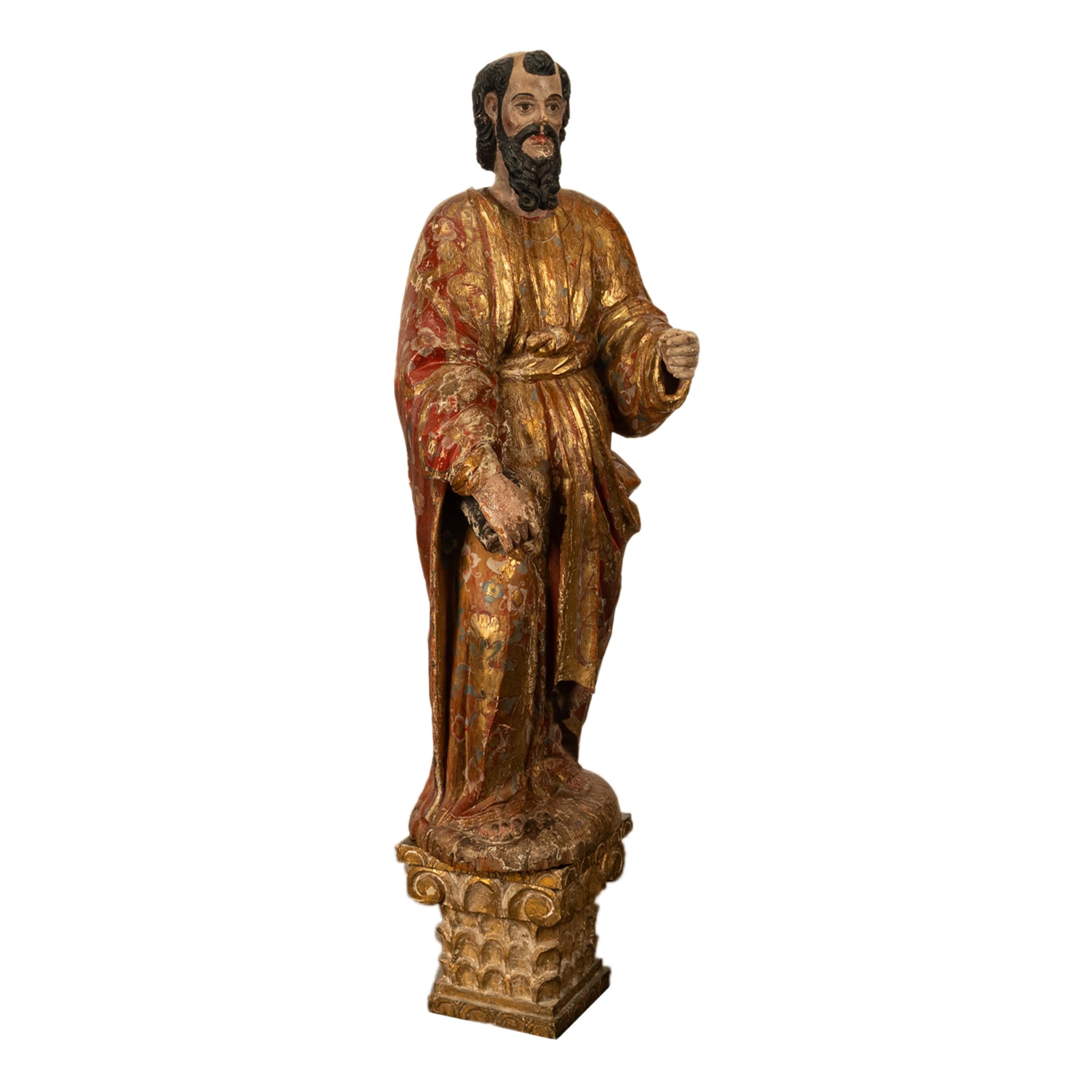 Mexican Antique 18th C Spanish Colonial Lifesize Saint Paul Carved Estofado Statue Santo For Sale