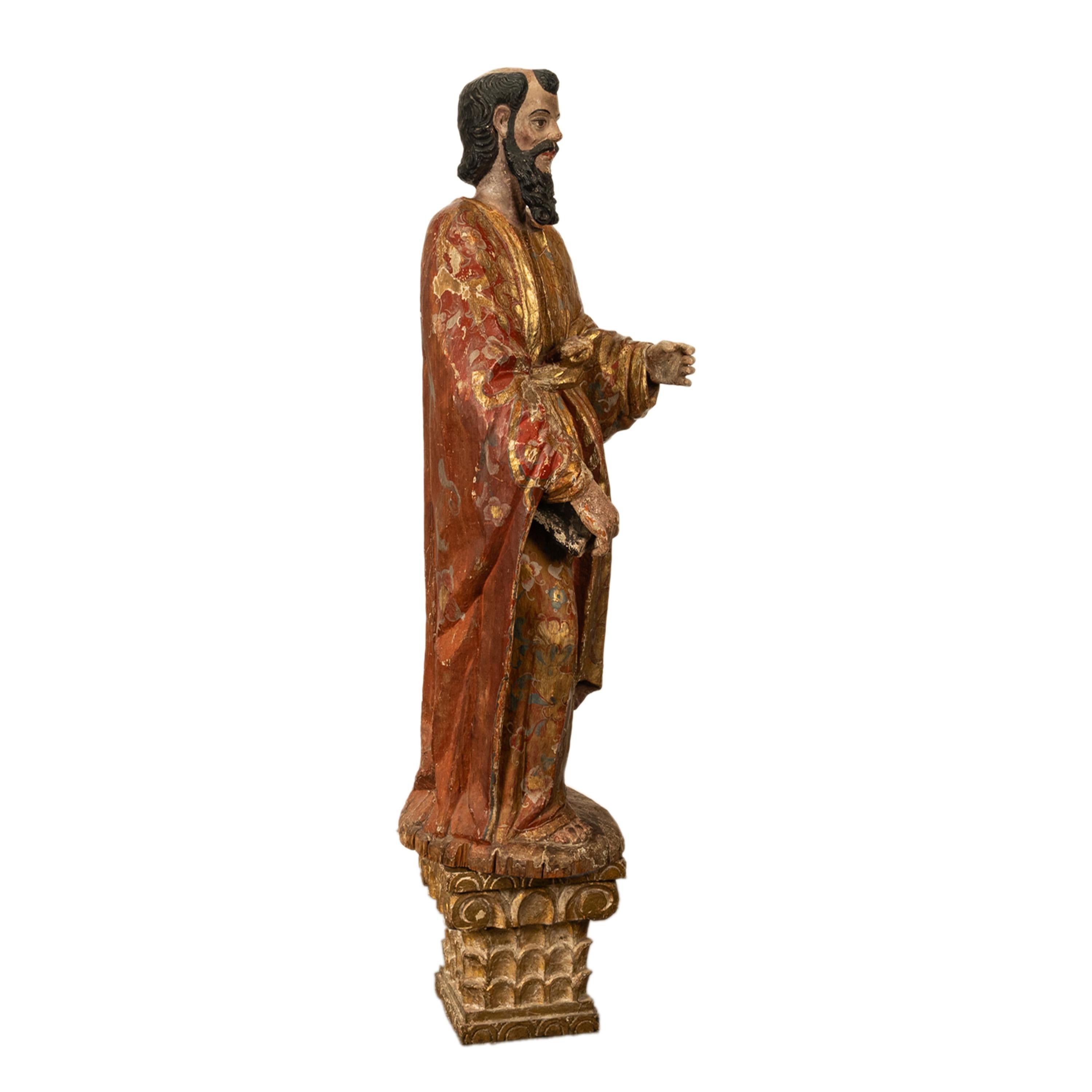 Antique 18th C Spanish Colonial Lifesize Saint Paul Carved Estofado Statue Santo In Good Condition For Sale In Portland, OR