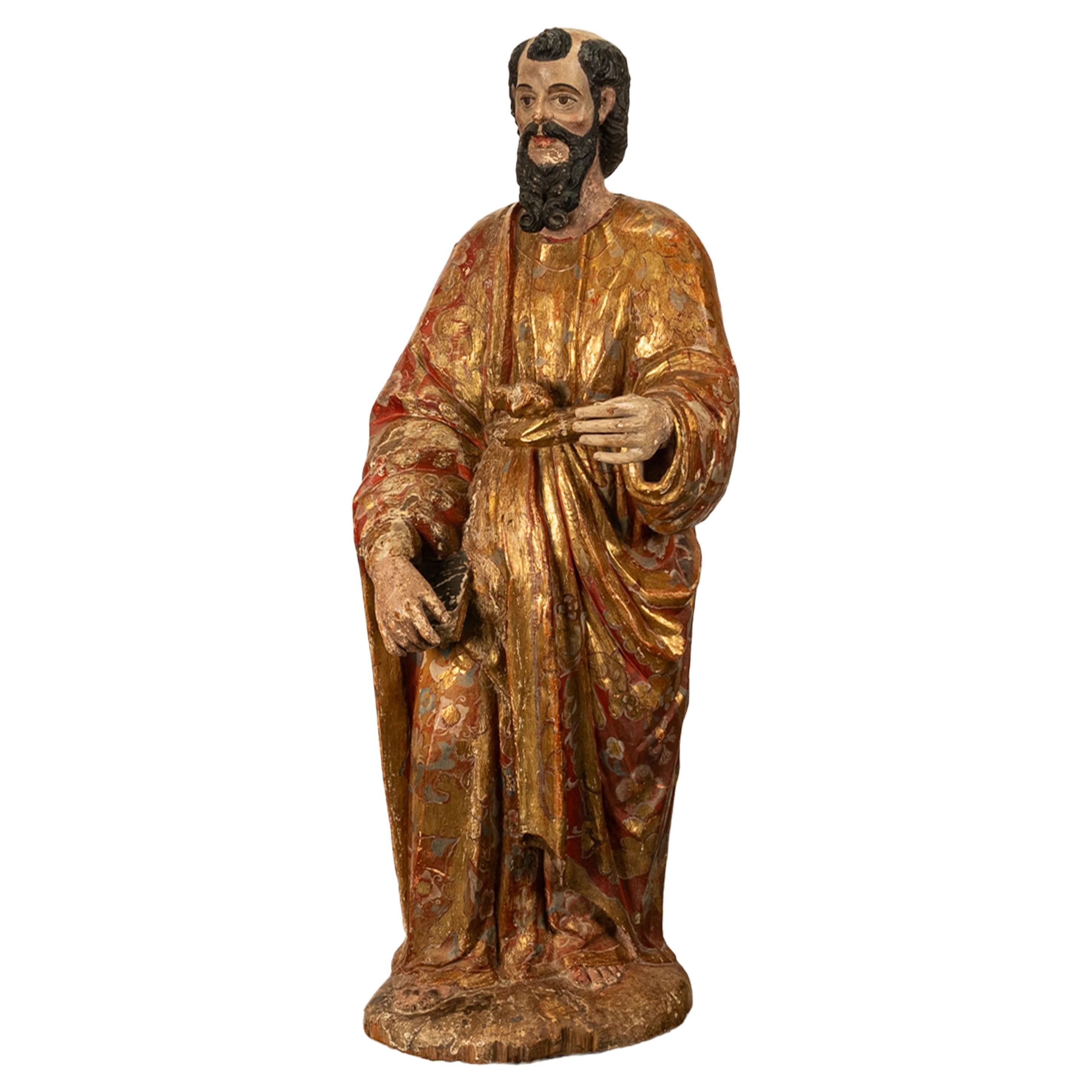 Gesso Antique 18th C Spanish Colonial Lifesize Saint Paul Carved Estofado Statue Santo For Sale