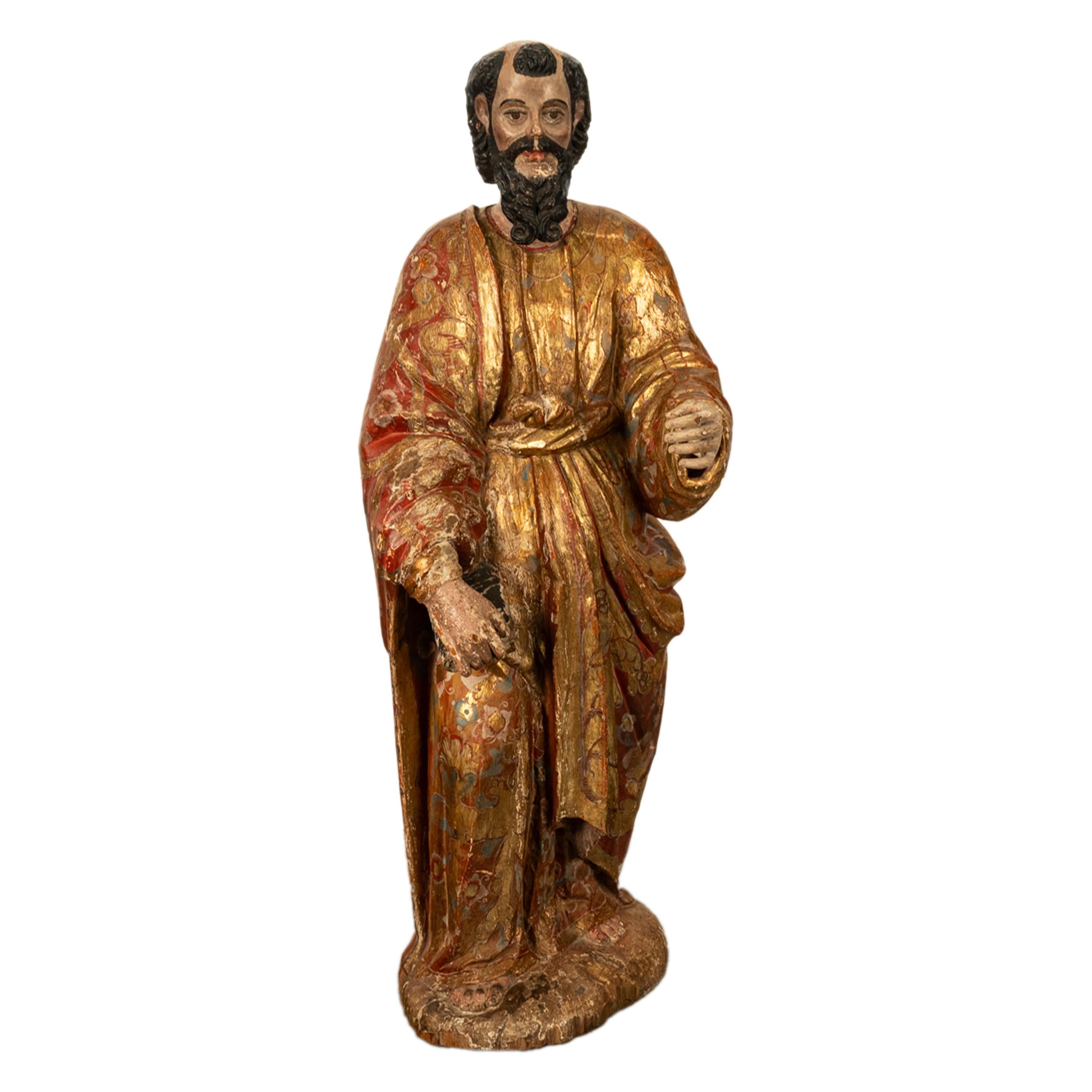 Antique 18th C Spanish Colonial Lifesize Saint Paul Carved Estofado Statue Santo For Sale 1