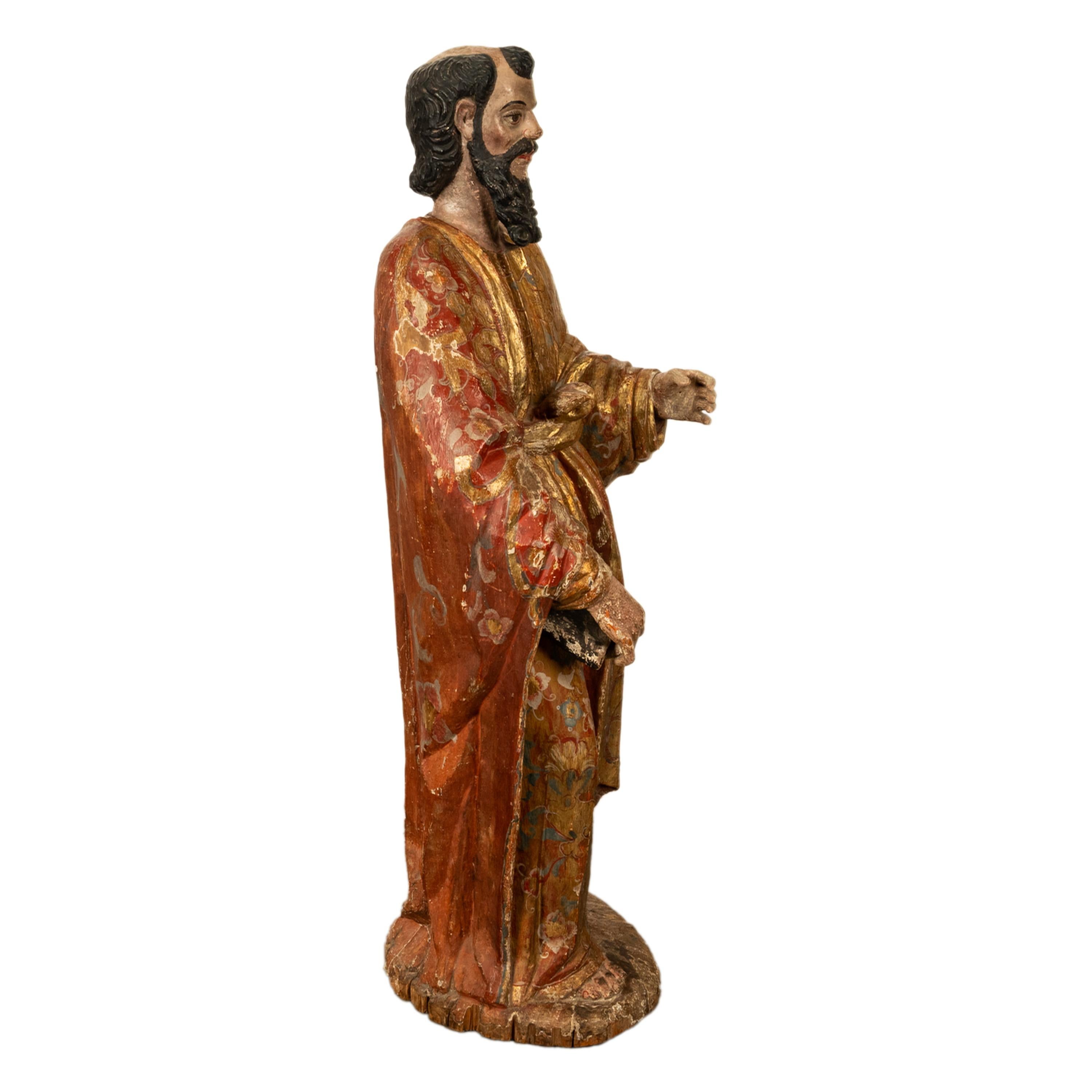 Antique 18th C Spanish Colonial Lifesize Saint Paul Carved Estofado Statue Santo For Sale 2