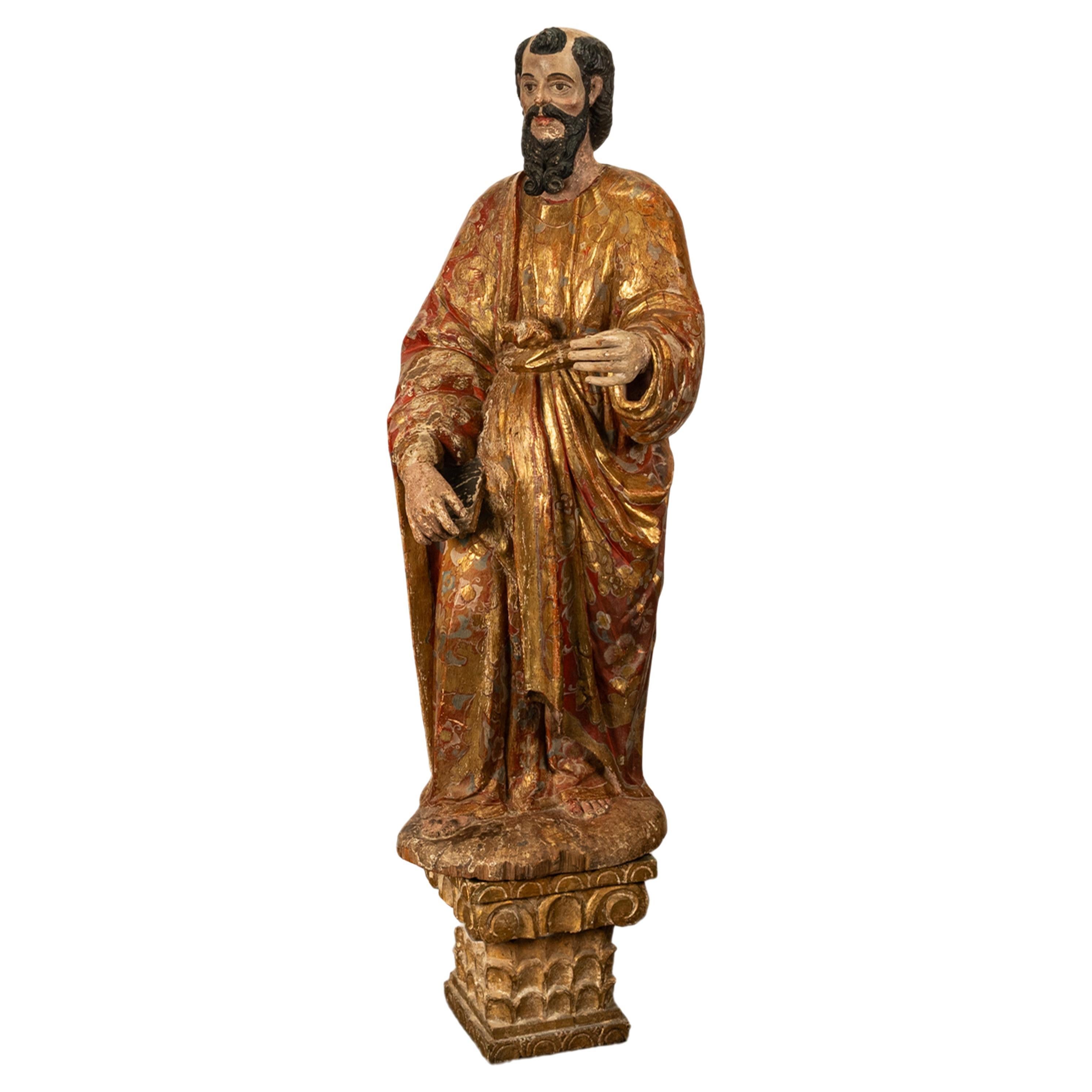 Antique 18th C Spanish Colonial Lifesize Saint Paul Carved Estofado Statue Santo For Sale
