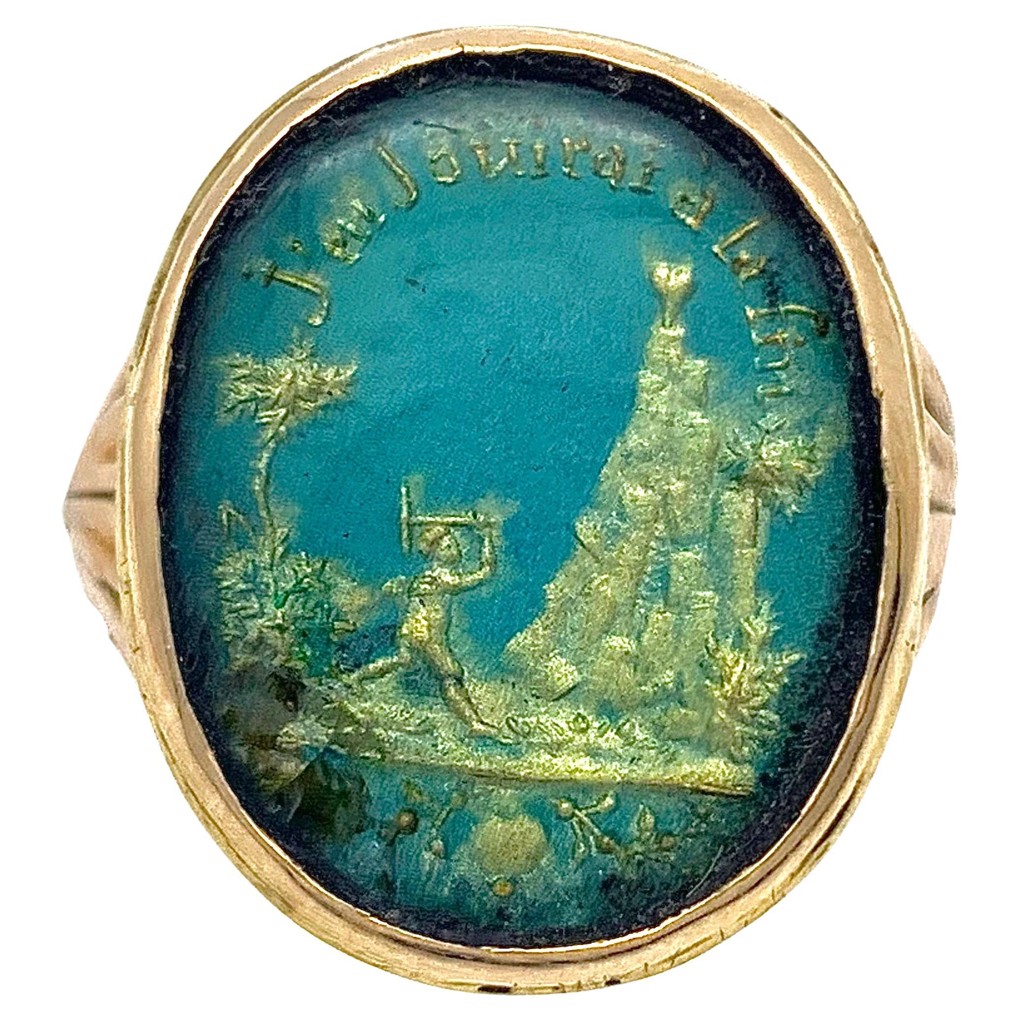 Antiker Amor Eros Love Moto-Ring aus Gold aus dem 18. Jahrhundert 'j'en Jouirais a la fin' im Angebot