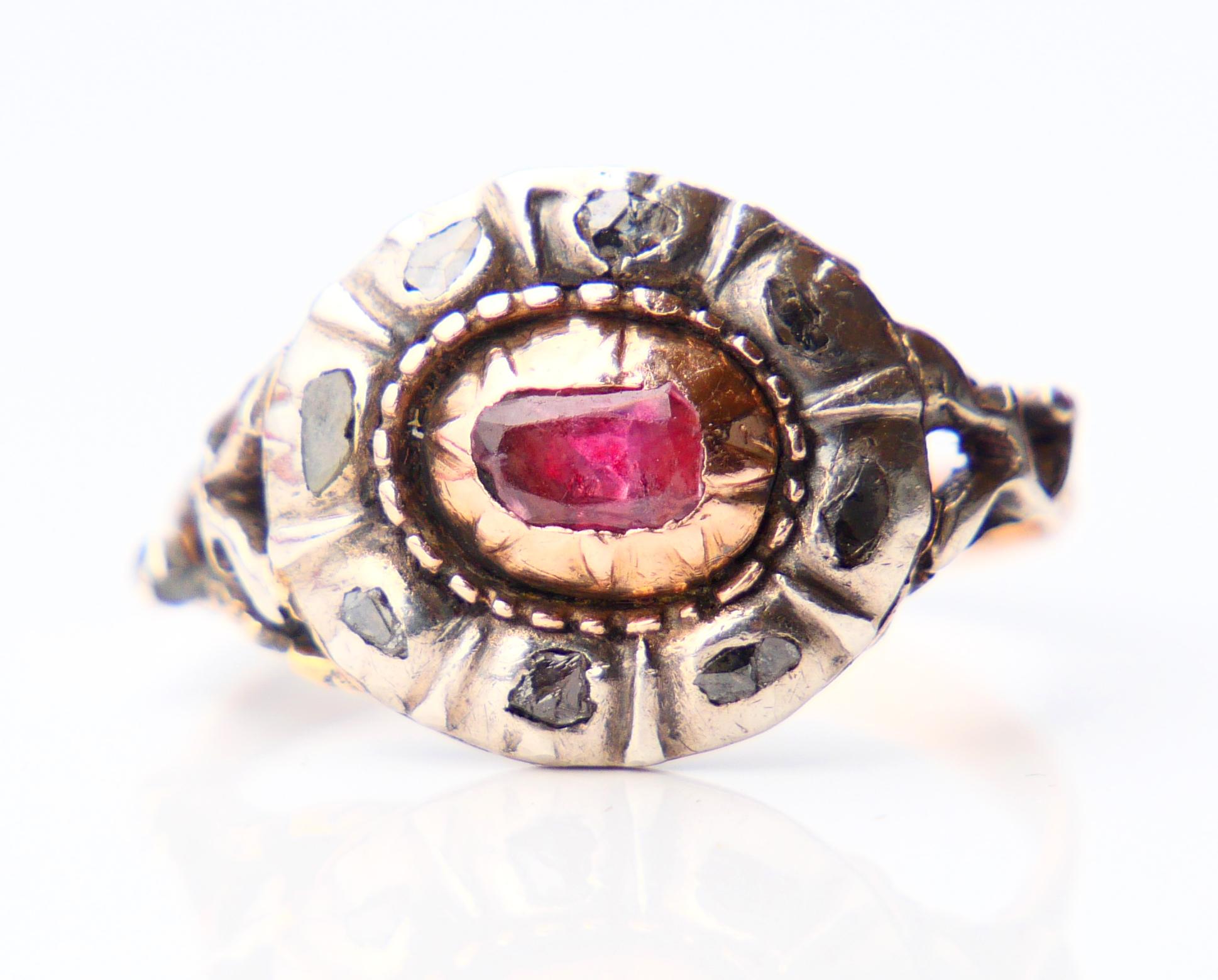 Antique 18th. cent Ring natural Ruby Diamonds 14K Rose Gold Silver Ø 8US / 4.4gr For Sale 6