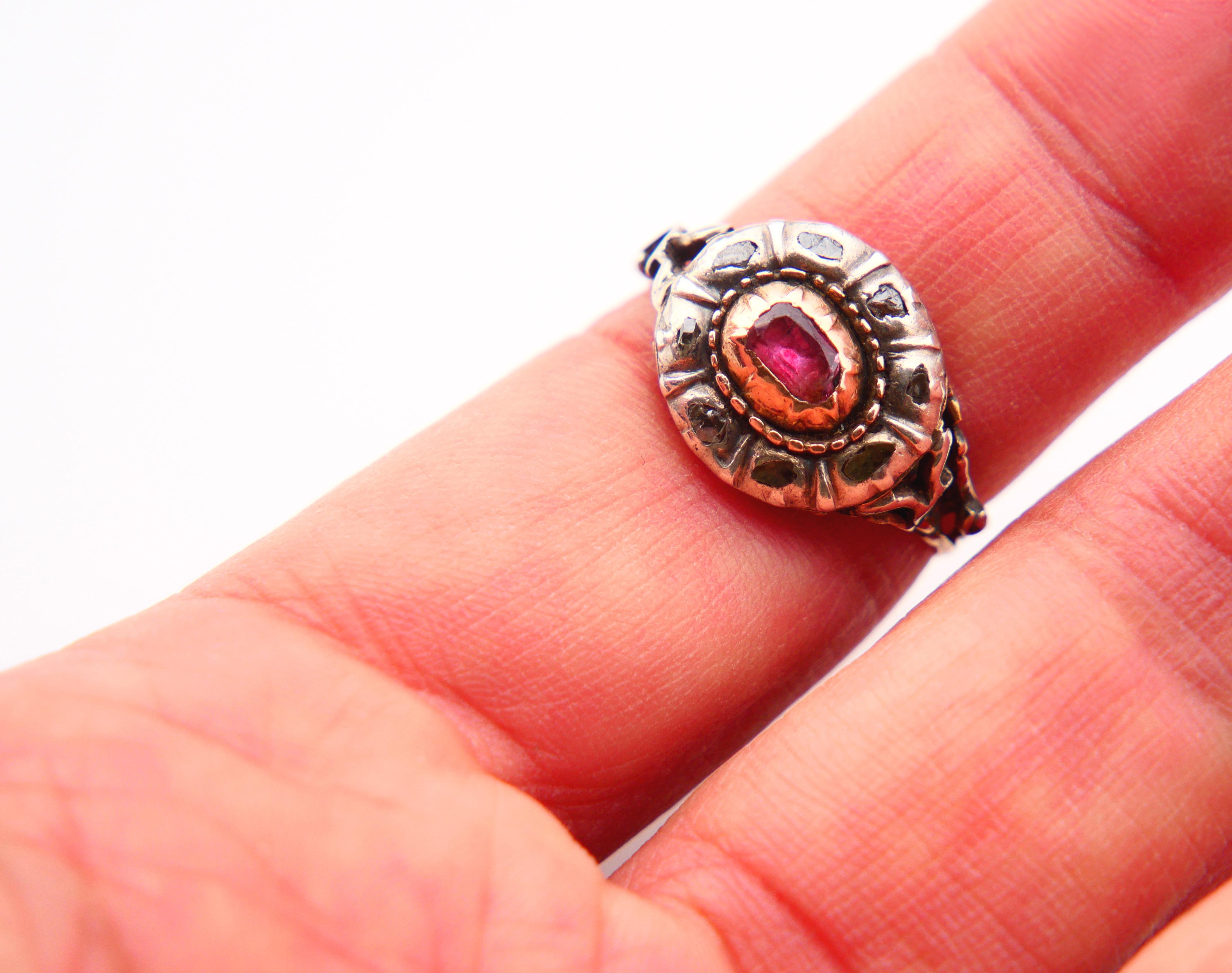 Antique 18th. cent Ring natural Ruby Diamonds 14K Rose Gold Silver Ø 8US / 4.4gr For Sale 7