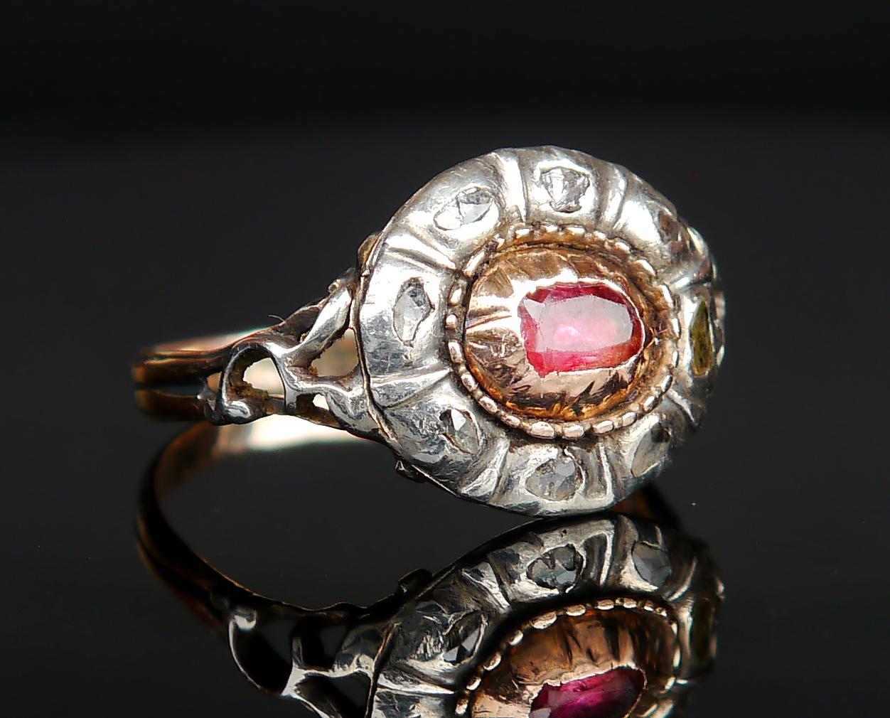 Baroque Revival Antique 18th. cent Ring natural Ruby Diamonds 14K Rose Gold Silver Ø 8US / 4.4gr For Sale