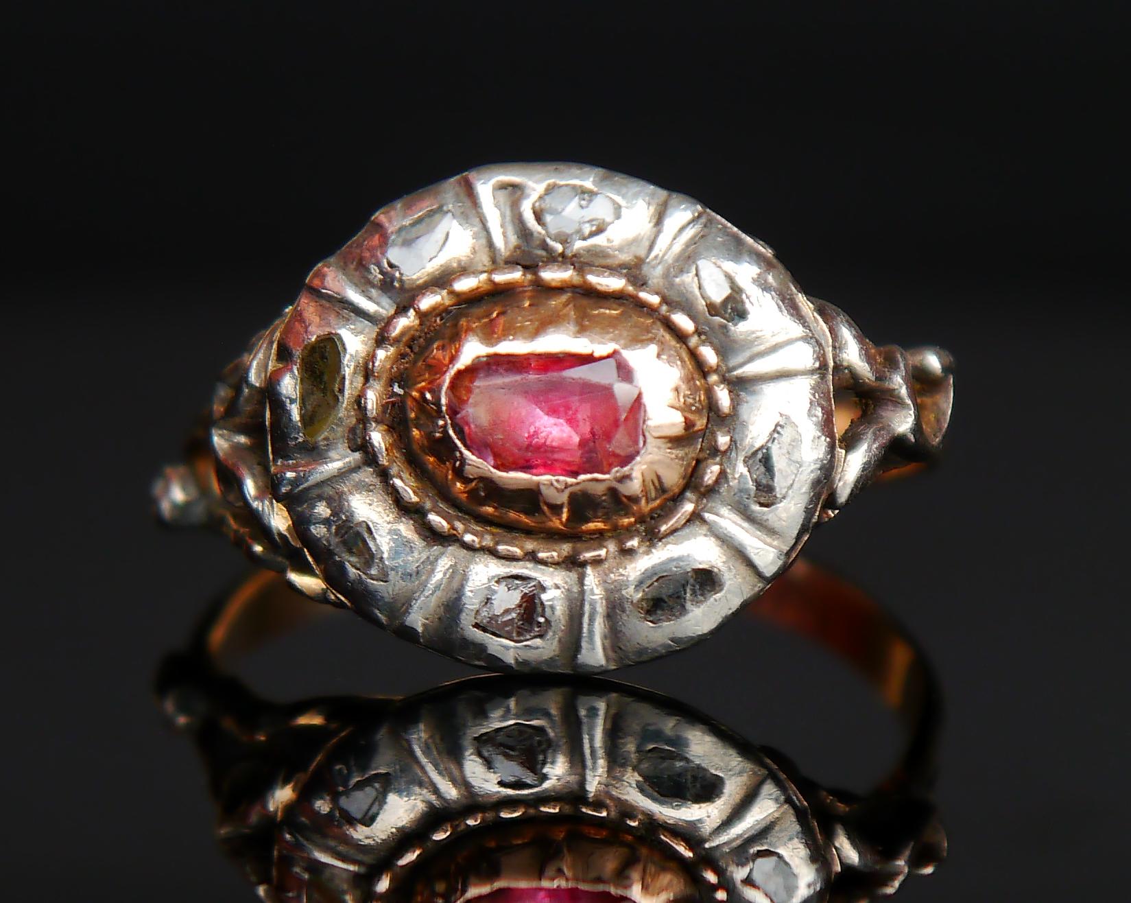 Oval Cut Antique 18th. cent Ring natural Ruby Diamonds 14K Rose Gold Silver Ø 8US / 4.4gr For Sale
