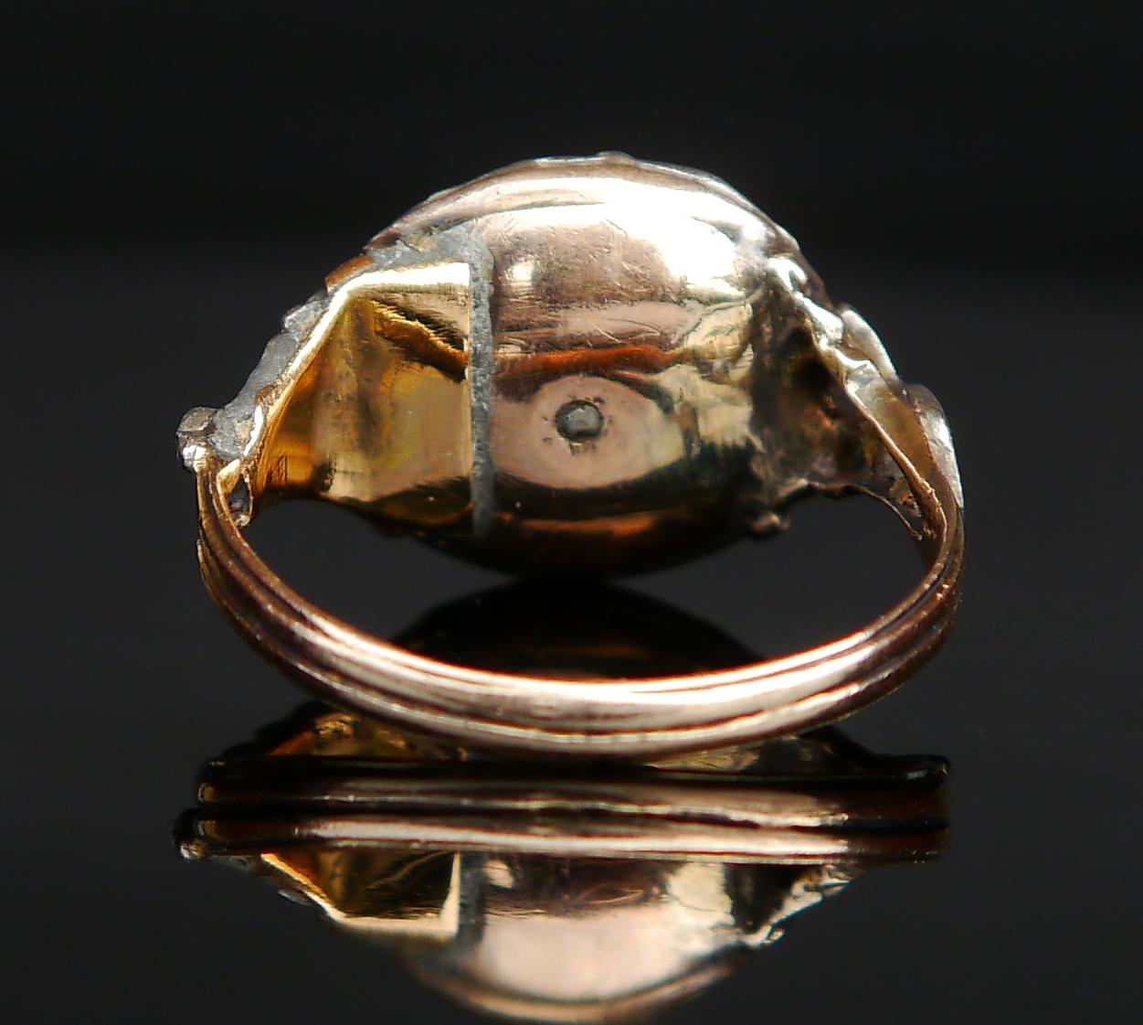 Antiker Ring aus dem 18. Jahrhundert natürlicher Rubin Diamanten 14K Rose Gold Silber Ø 8US / 4.4gr Damen im Angebot
