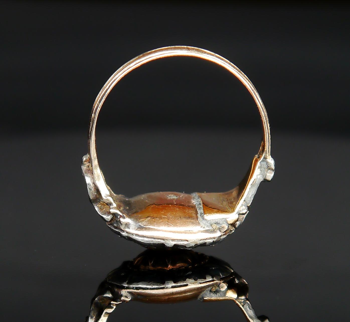 Antiker Ring aus dem 18. Jahrhundert natürlicher Rubin Diamanten 14K Rose Gold Silber Ø 8US / 4.4gr im Angebot 2