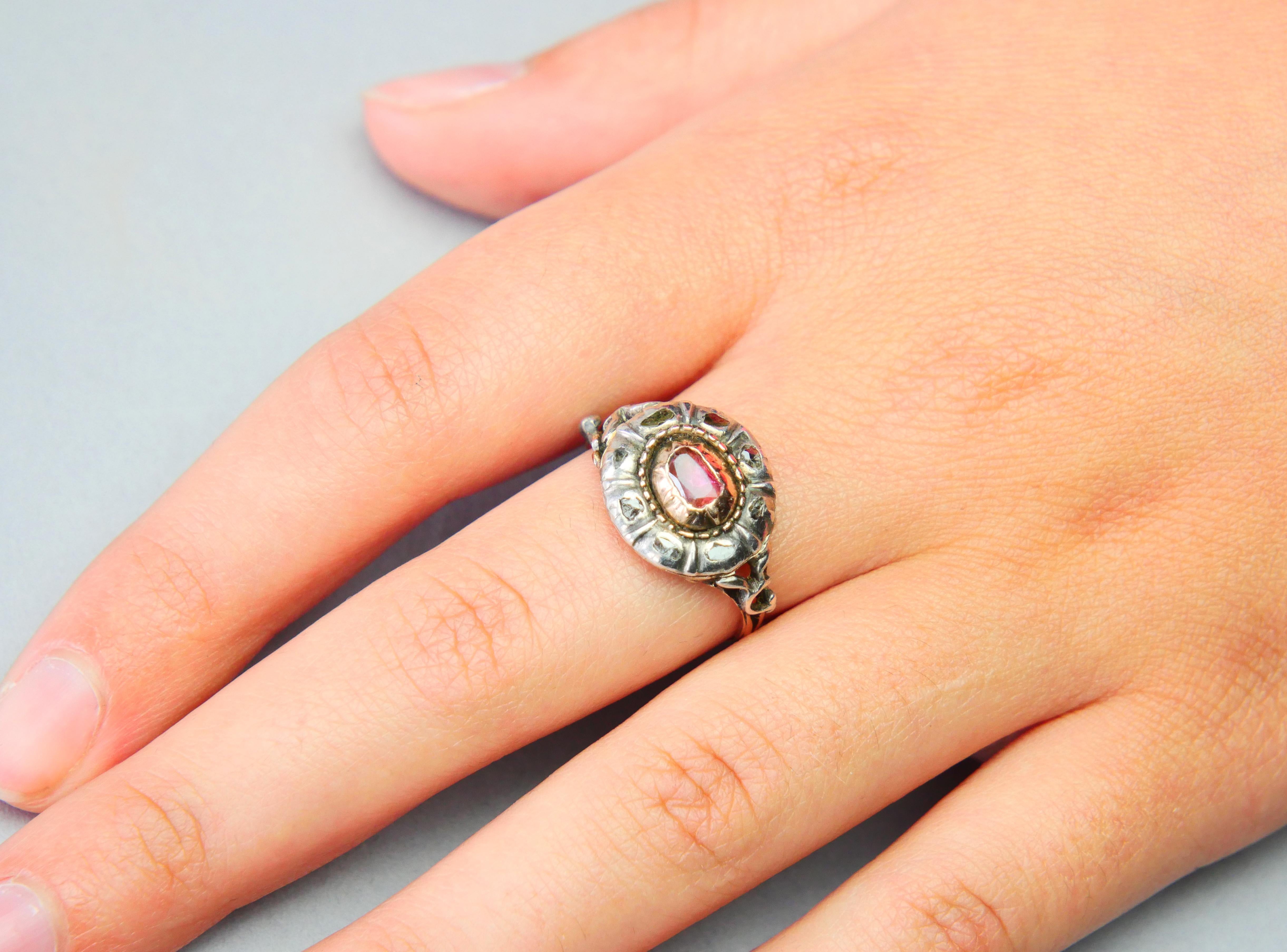 Antique 18th. cent Ring natural Ruby Diamonds 14K Rose Gold Silver Ø 8US / 4.4gr For Sale 4