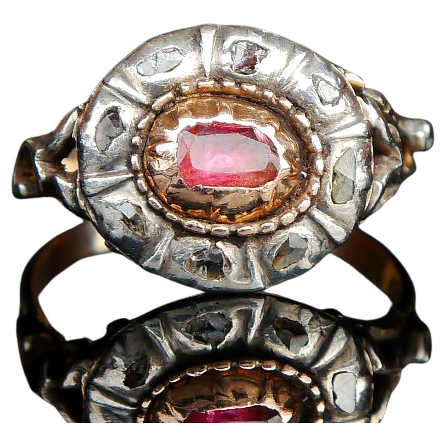 Antique 18th. cent Ring natural Ruby Diamonds 14K Rose Gold Silver Ø 8US / 4.4gr For Sale